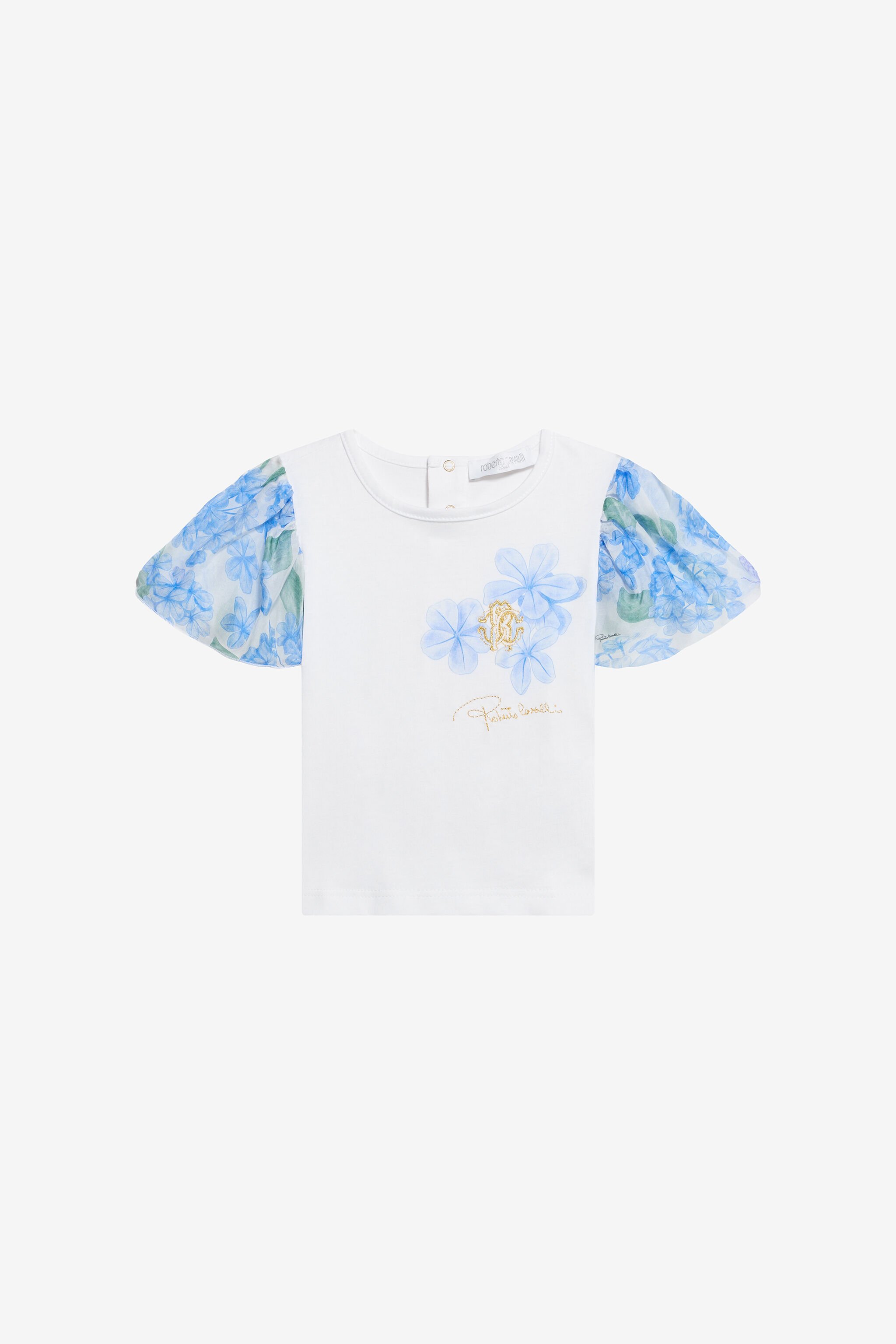 JU Weißes Baumwoll-T-Shirt mit floralen Ärmeln JU Weißes Baumwoll-T-Shirt mit floralen Ärmeln WHITE/BLUE WJT602-JD001