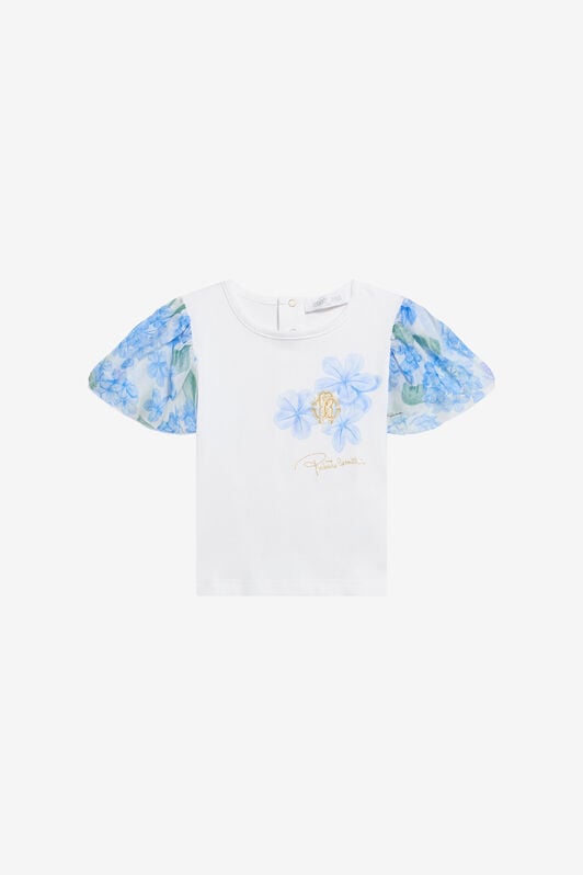 JU Weißes Baumwoll-T-Shirt mit floralen Ärmeln JU Weißes Baumwoll-T-Shirt mit floralen Ärmeln WHITE/BLUE WJT602-JD001