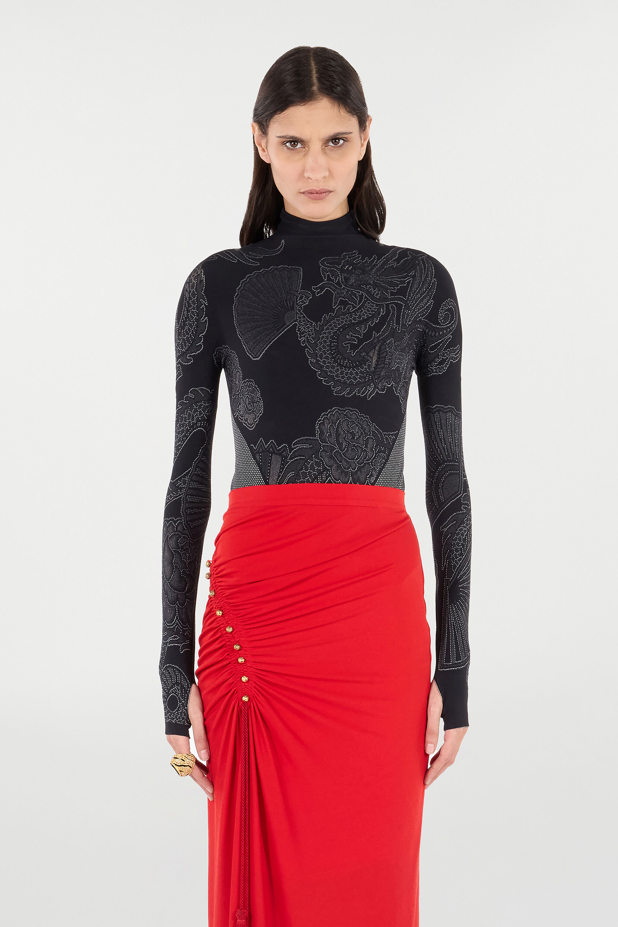 RC Bodysuit with Dragons, Flowers, and Fans Schwarz VKT60D-MA001