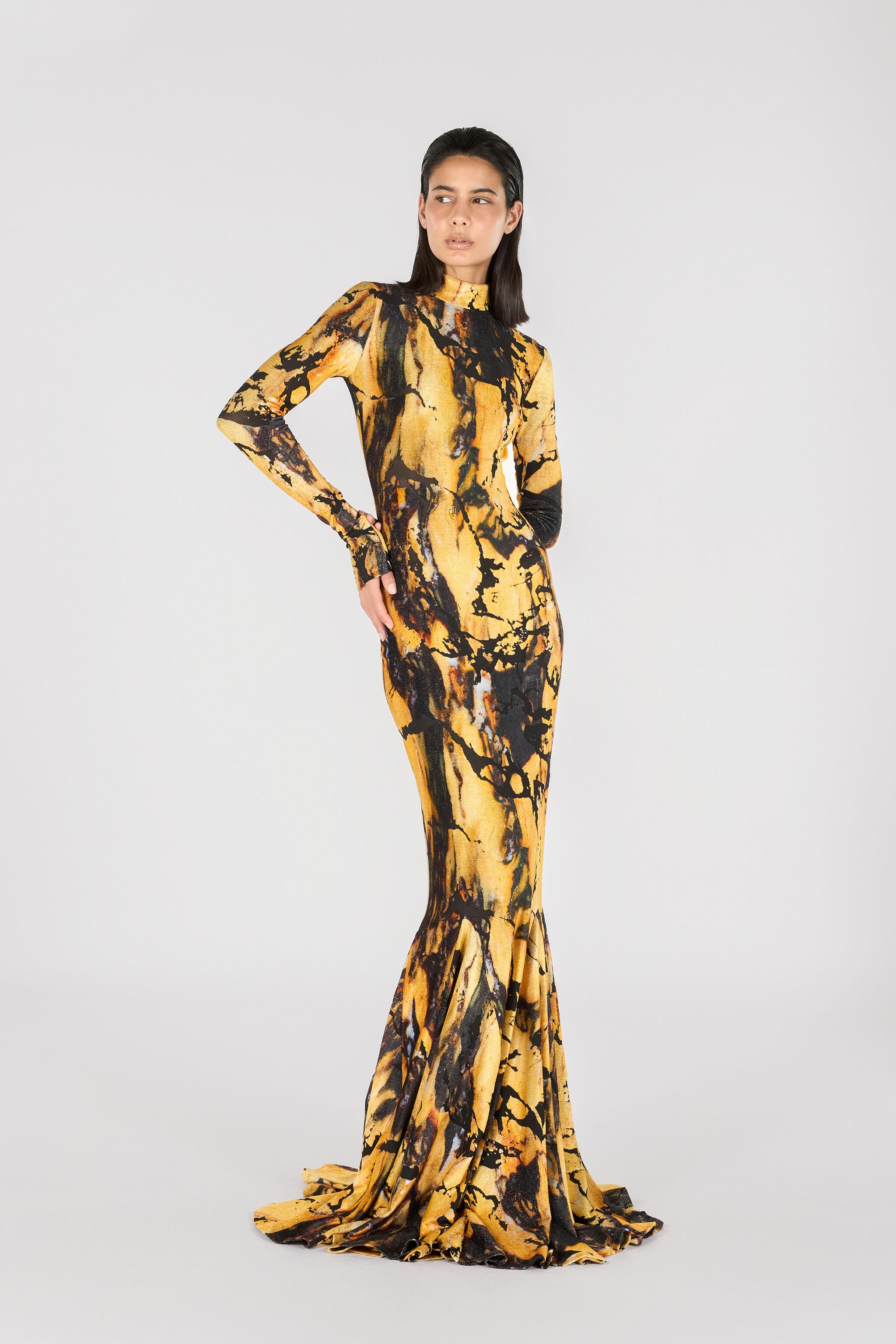 RC Long dress with Marble print Yellow TWT116-CPN21