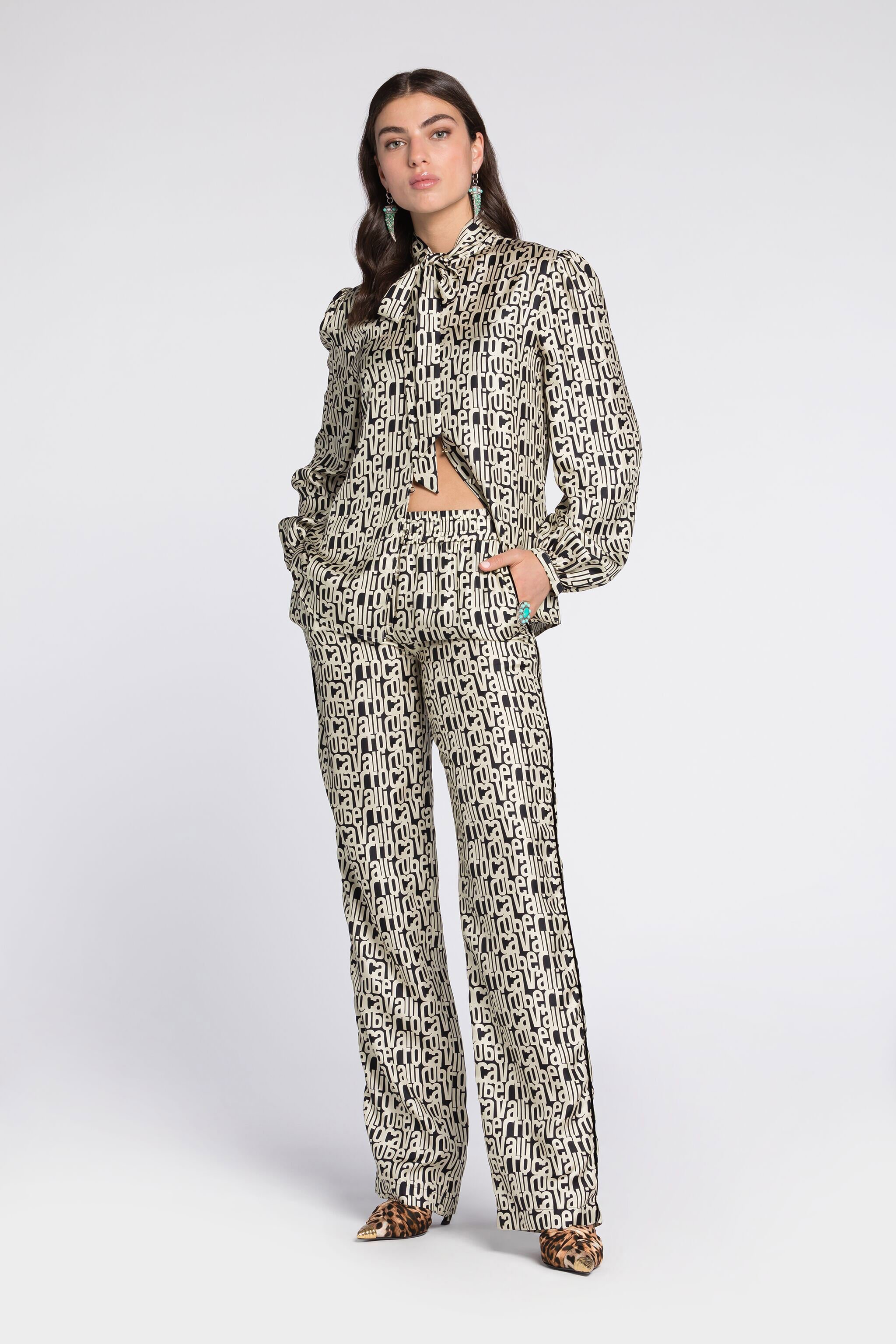 RC Logo-Print Silk Trousers Black/White RKT210-4QH82