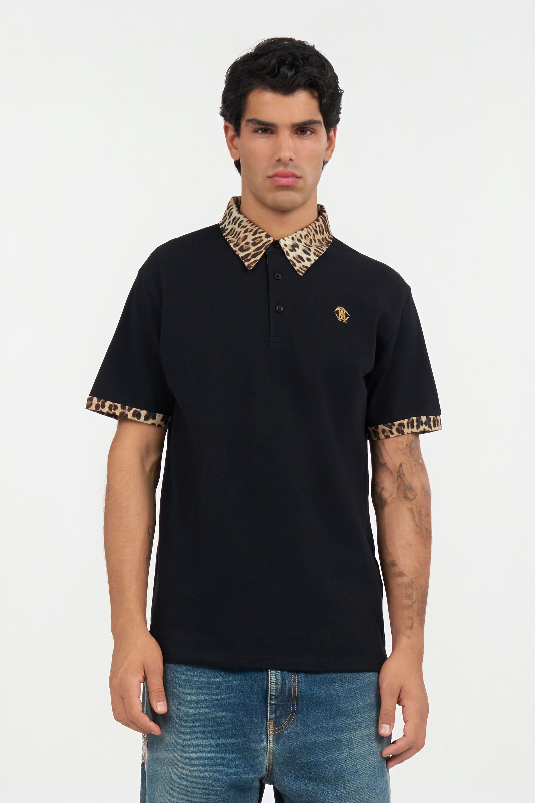 RC Black Polo Shirt With Jaguar Print Detail BLACK/JAGUAR QOT64E-KB001