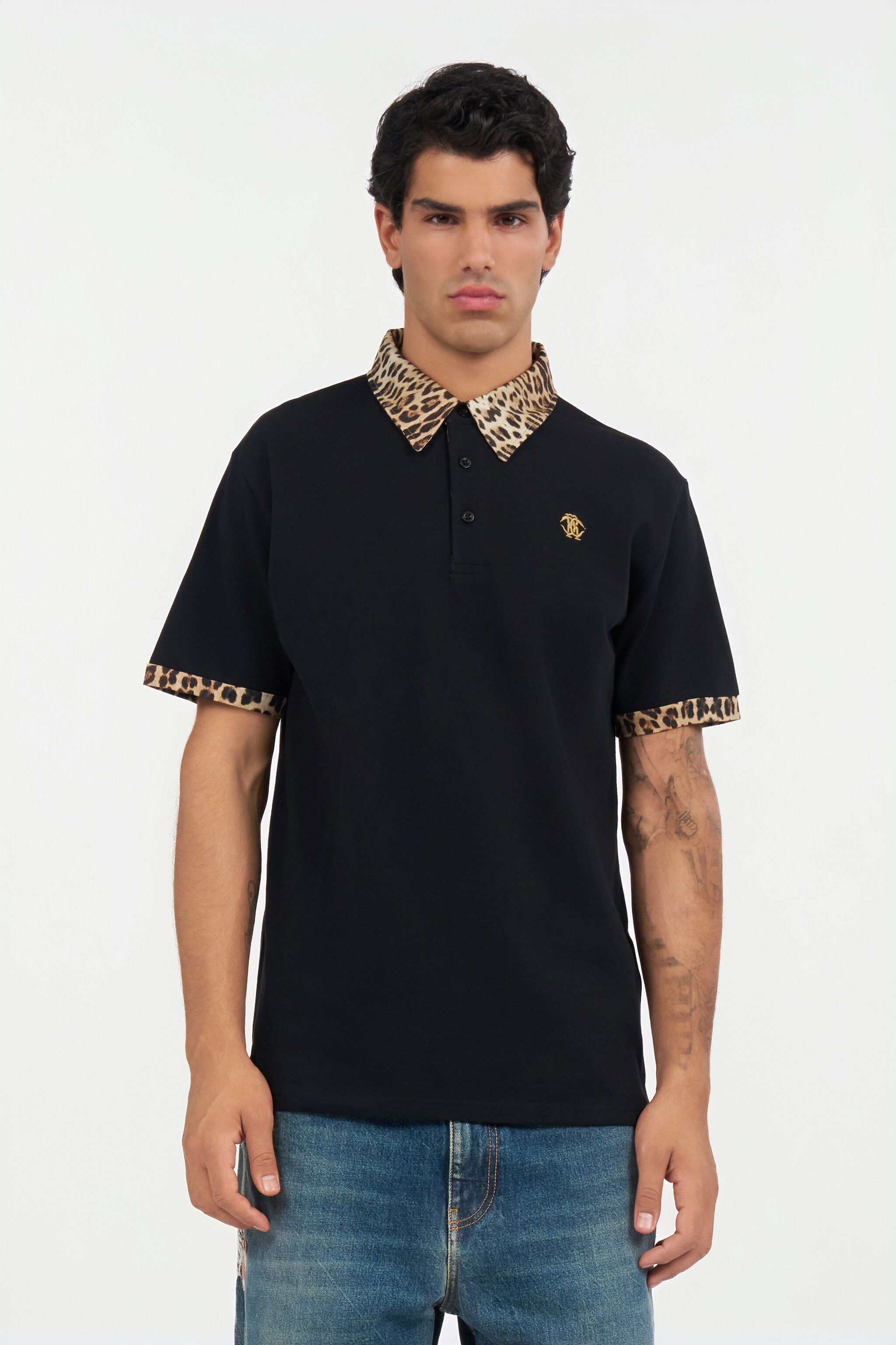 RC Black Polo Shirt With Jaguar Print Detail BLACK/JAGUAR QOT64E-KB001