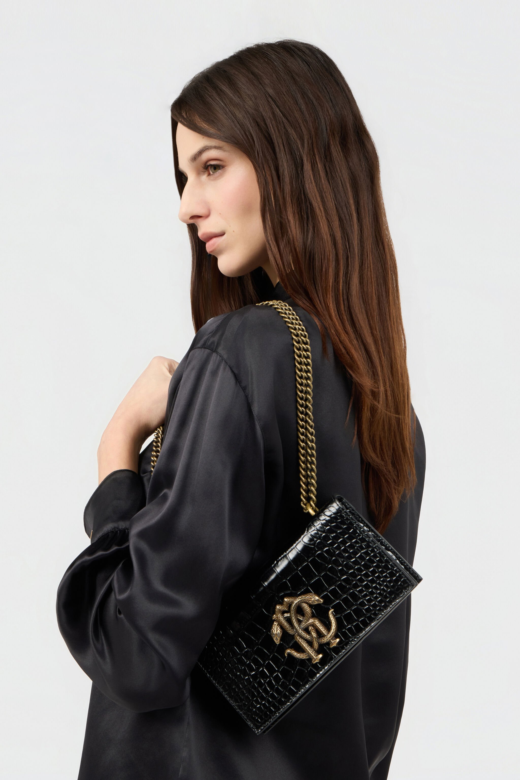 RC Schwarze Tasche in Kroko-Optik mit Monogram RC BLACK ROB00D-PZ037