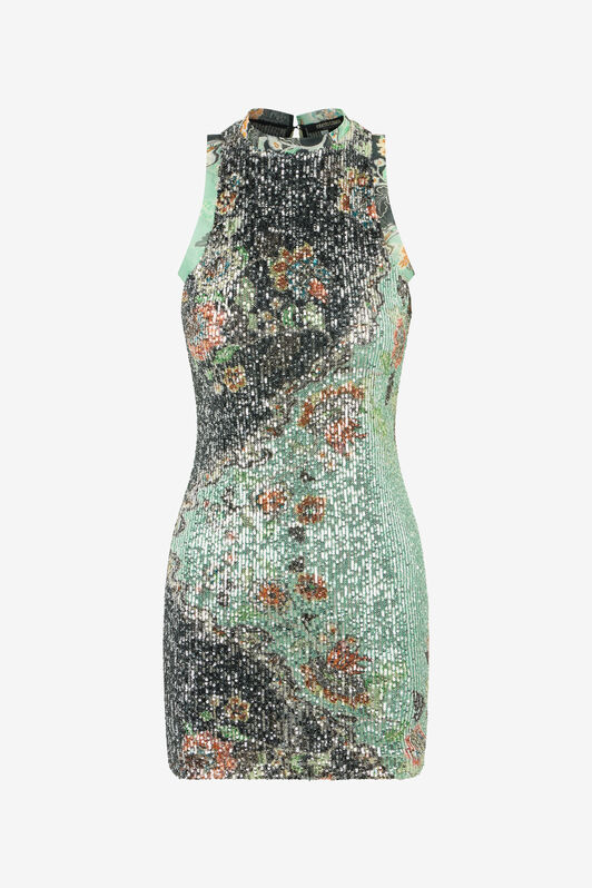 RC Kimono Print Sequined Mini Dress RC Kimono Print Sequined Mini Dress GREEN/BLACK XQT170-VXT25
