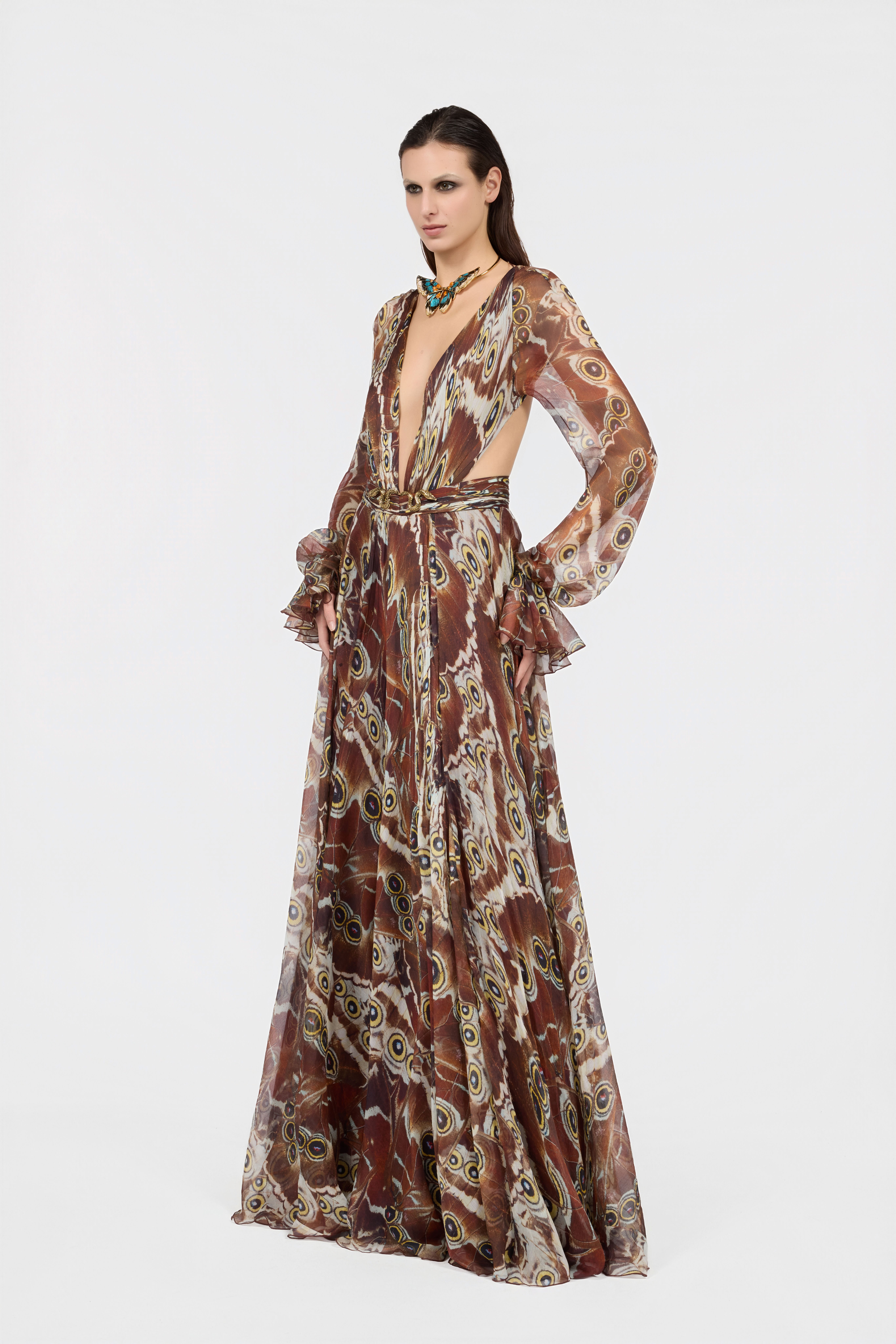 RC Night Butterfly Print Maxi Dress BROWN XQT125-CKT27