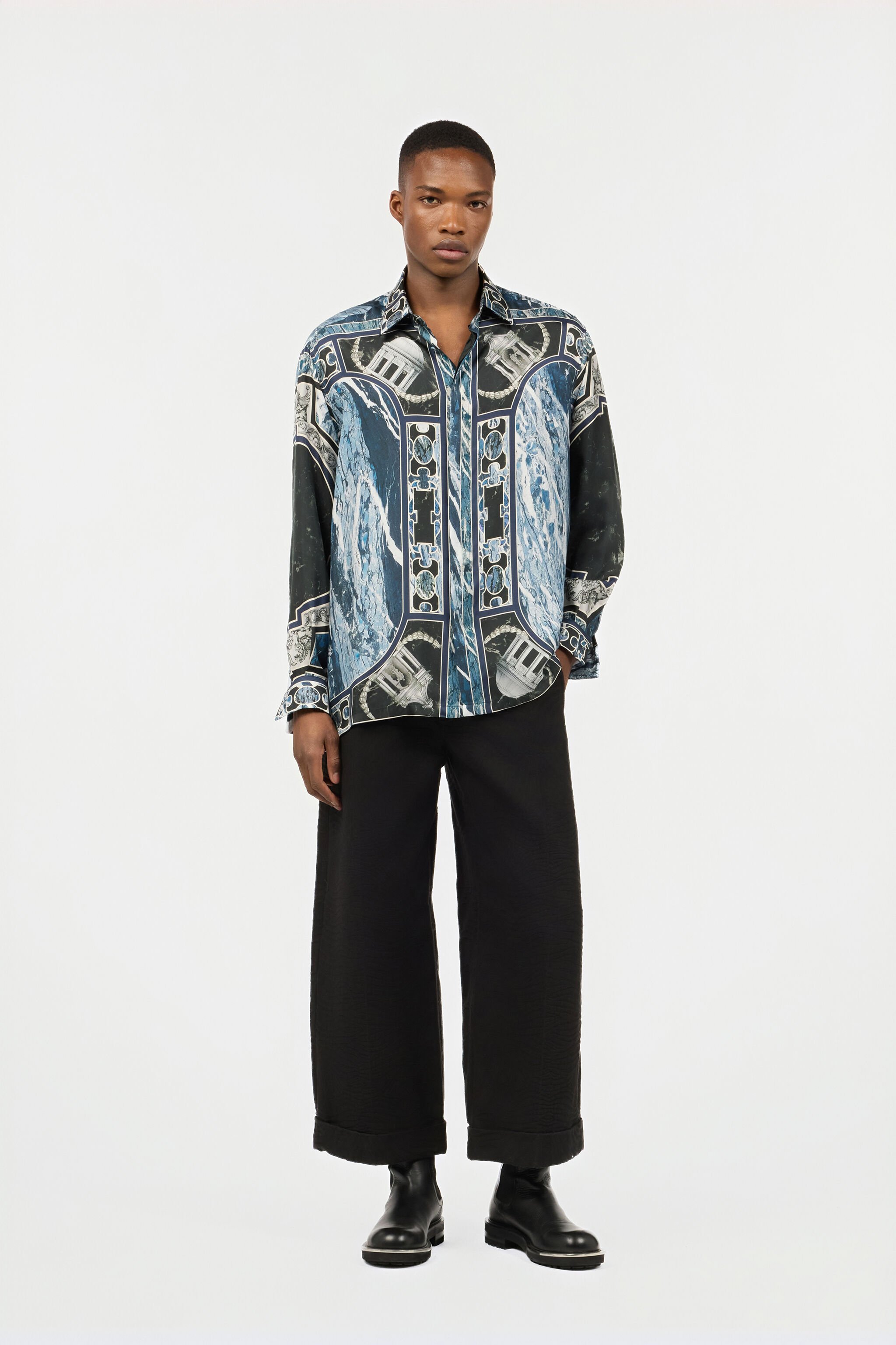 RC Shirt With Marble Print And Embellishments Dark blue URT723-4QN63