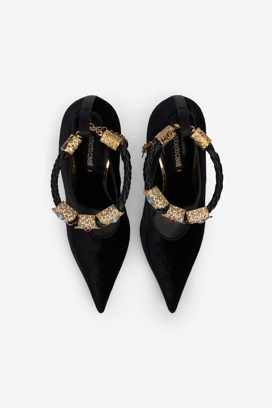 RC Roberto Cavalli Velvet Stiletto Heels With Jewel Anklet Black VKS112-VL002