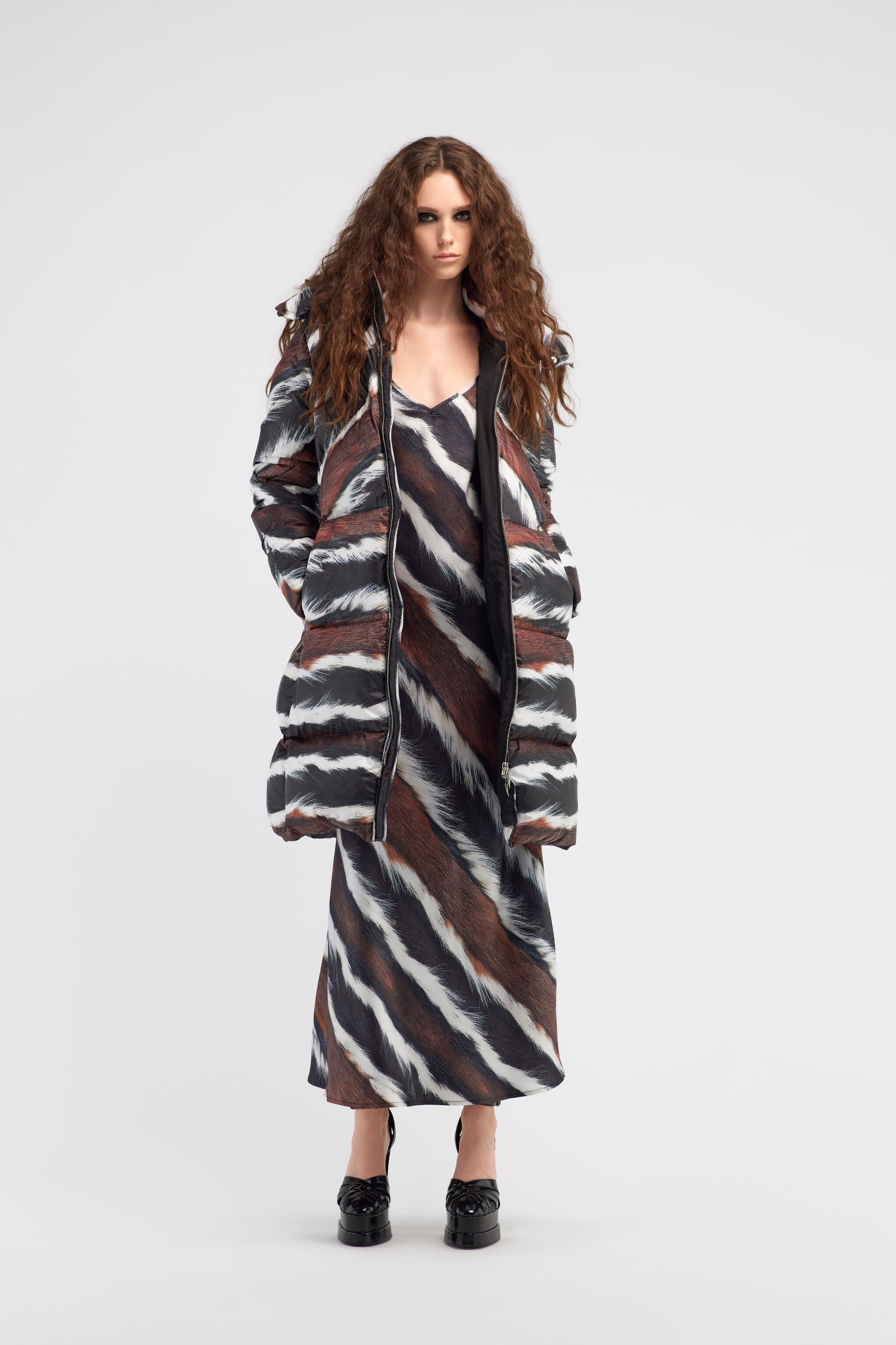 RC Piumino stampa Animalier con cintura Marrone scuro/Bianco RKT801-SRH33