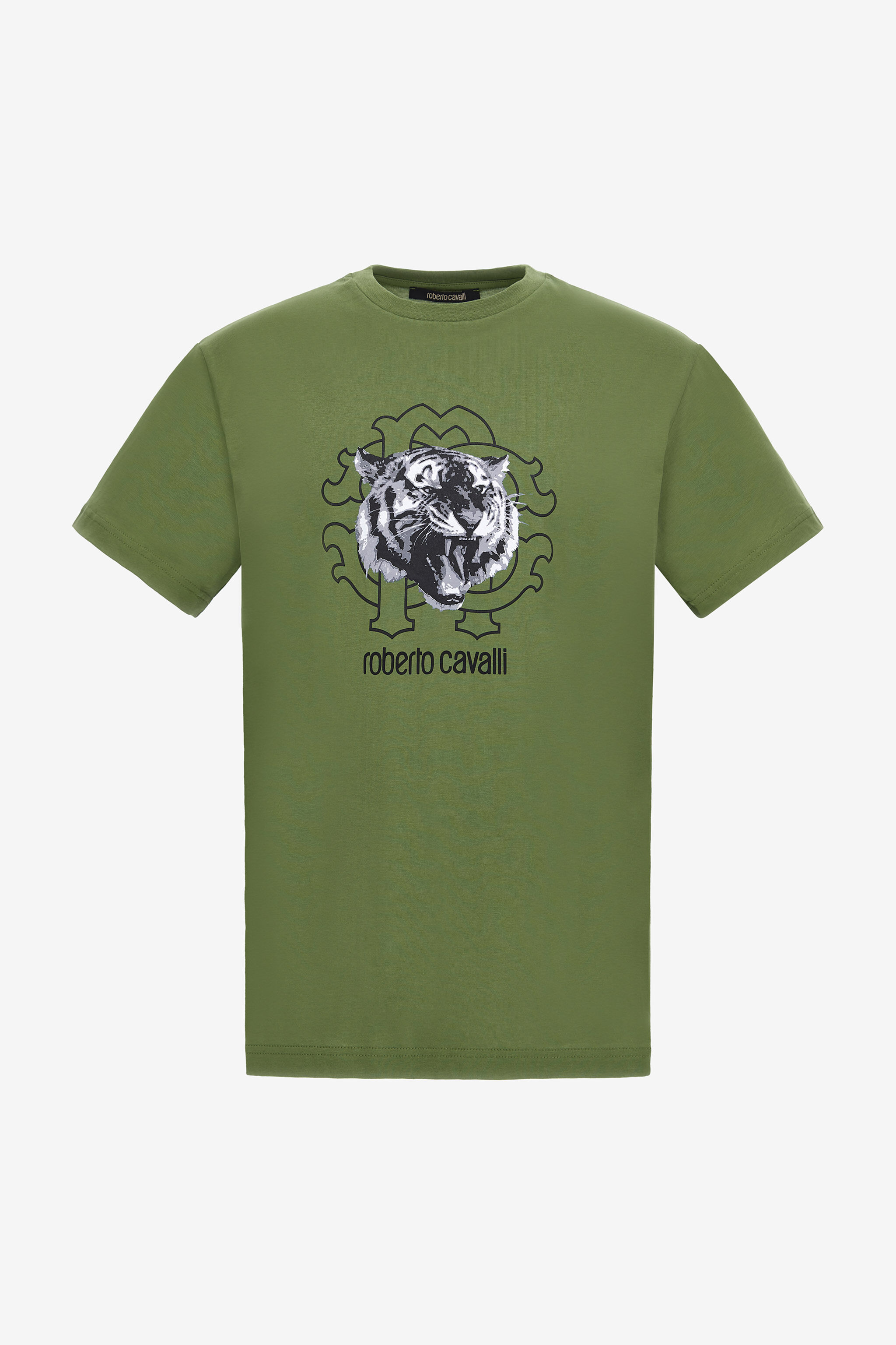 T shirt with Jaguar logo and print in Green for Men Roberto Cavalli