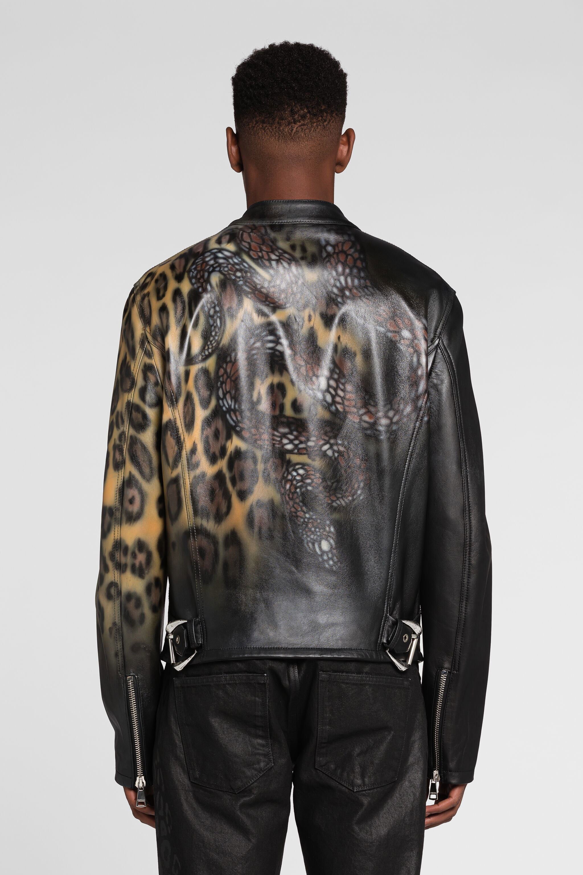RC Leopard print leather bomber jacket Black QRP811-PFF22