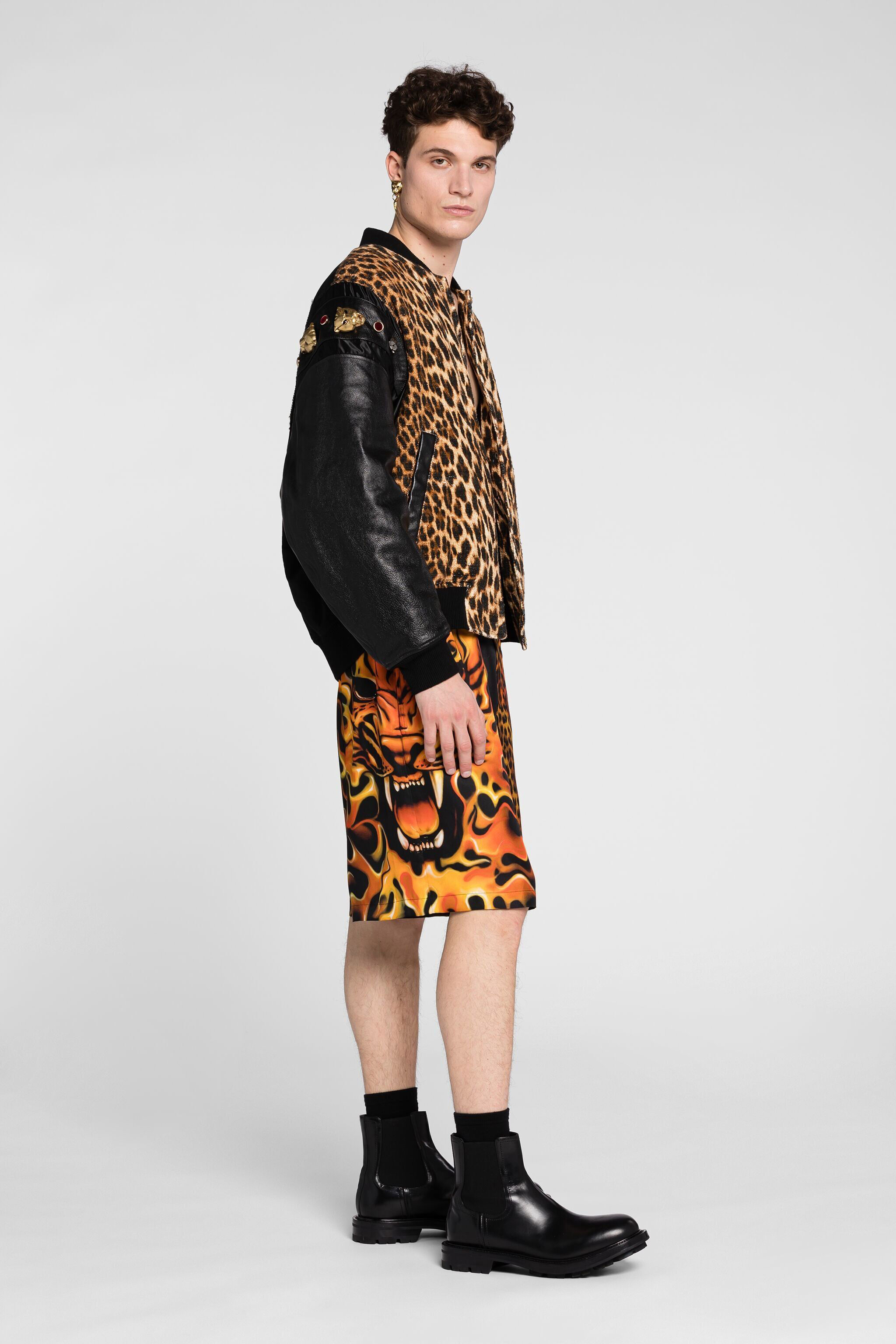 RC Flame Lion-Print Silk Shorts Orange/Black ONT209-4QD06