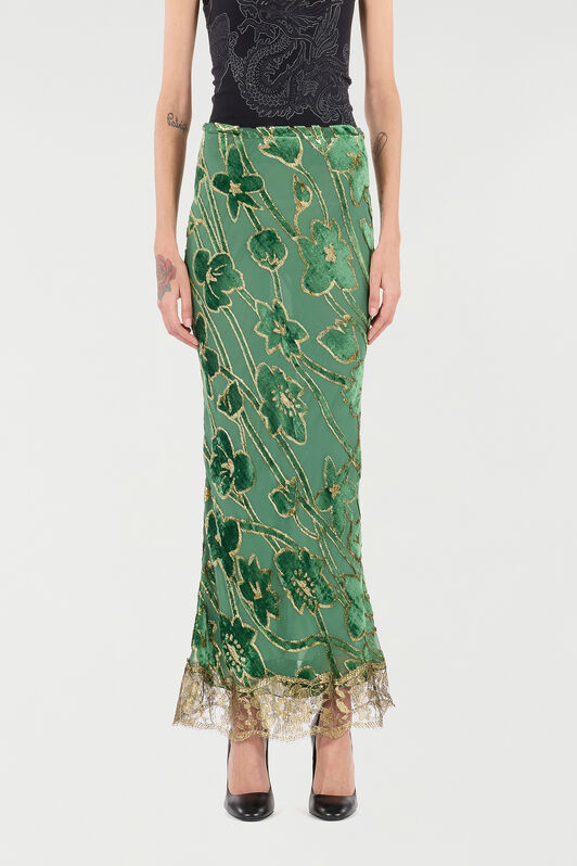 RC Long Skirt in Silk Blend VERDE/ORO VKT303-FC007