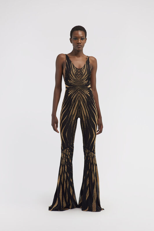 RC Knit jumpsuit with Ray of Gold print Gold RWM160-MI150