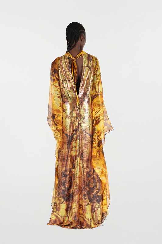 RC Silk Caftan Dress with Amber Print and Sequins Yellow VKT145-VXP74
