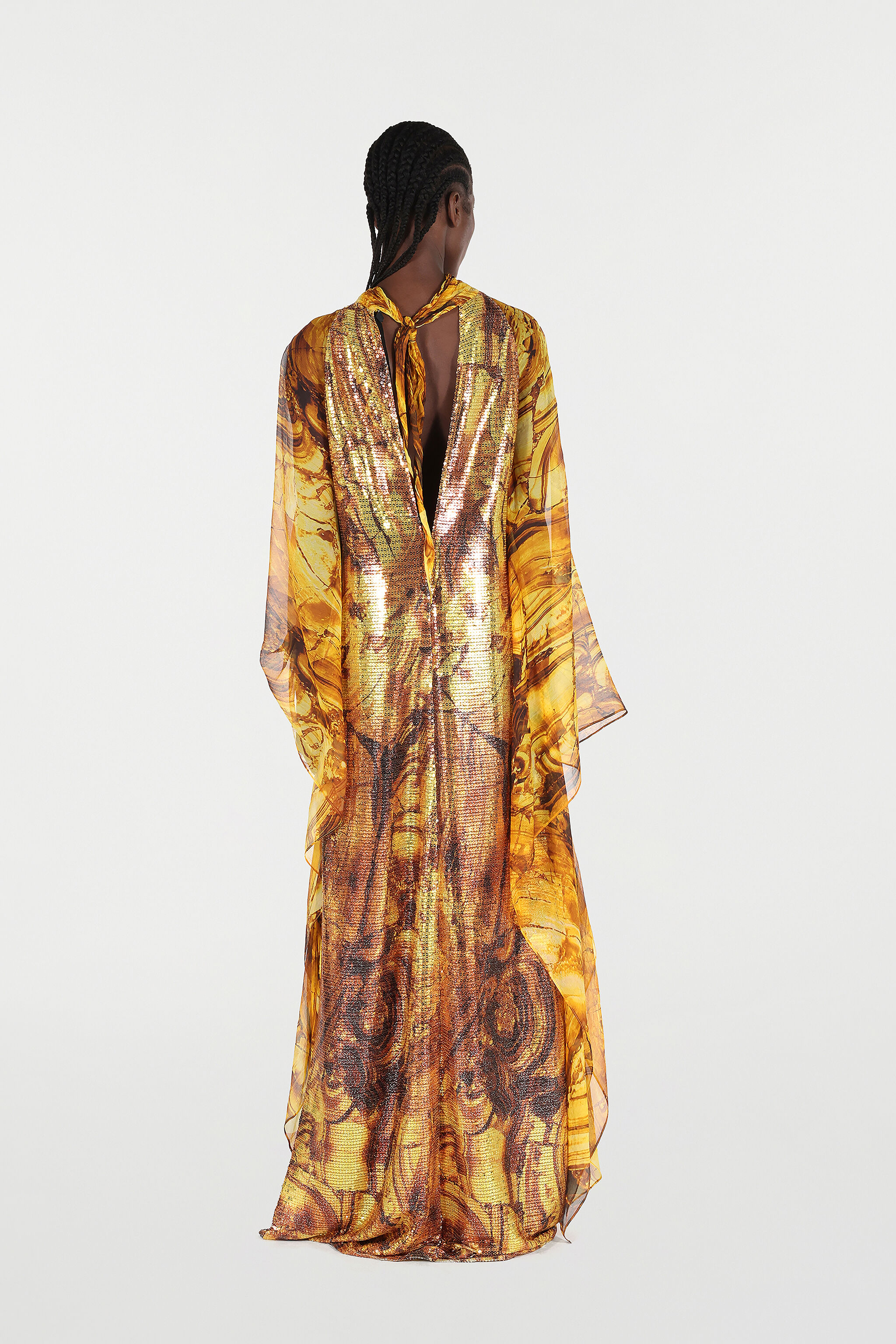 RC Silk Caftan Dress with Amber Print and Sequins Yellow VKT145-VXP74