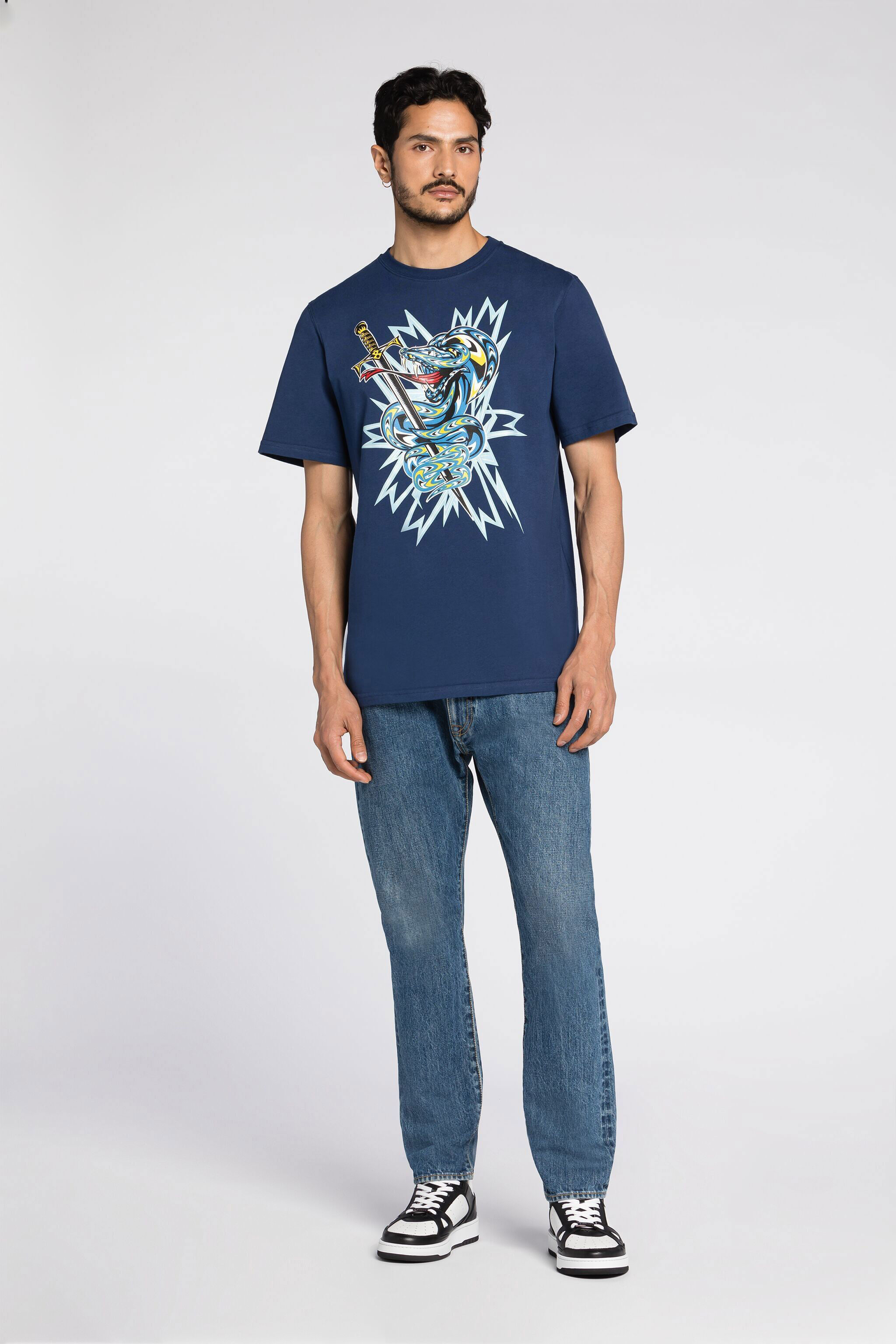 RC Snake-Print Cotton T-Shirt Dark blue QRT61B-JD060