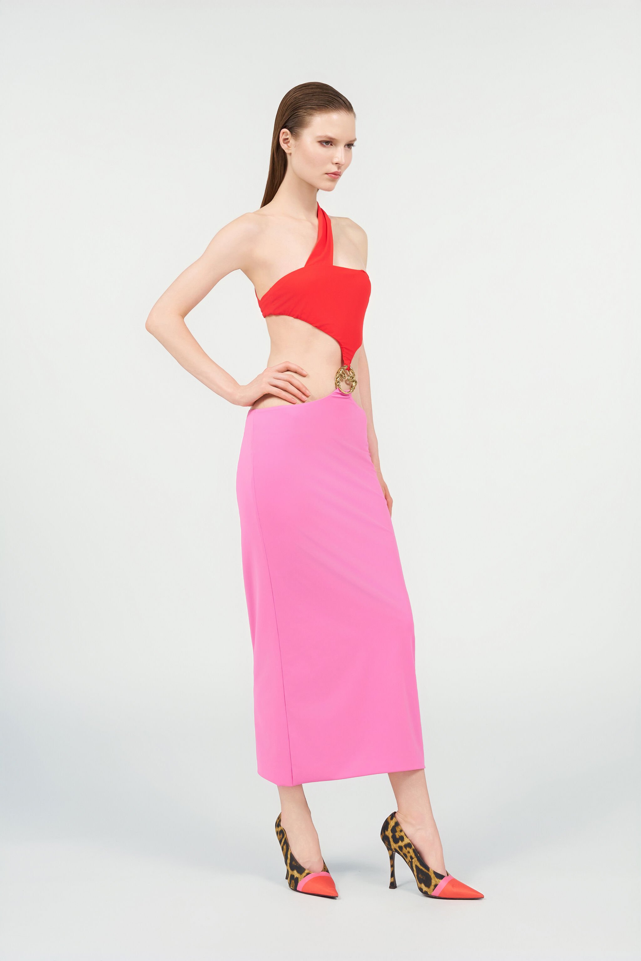 RC Long Asymmetric Dress with Jewel Detail PINK/RED WQW021-LL030