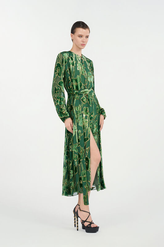 RC Green Velvet Devoré Midi Dress VERDE/ORO VKT122-FC007