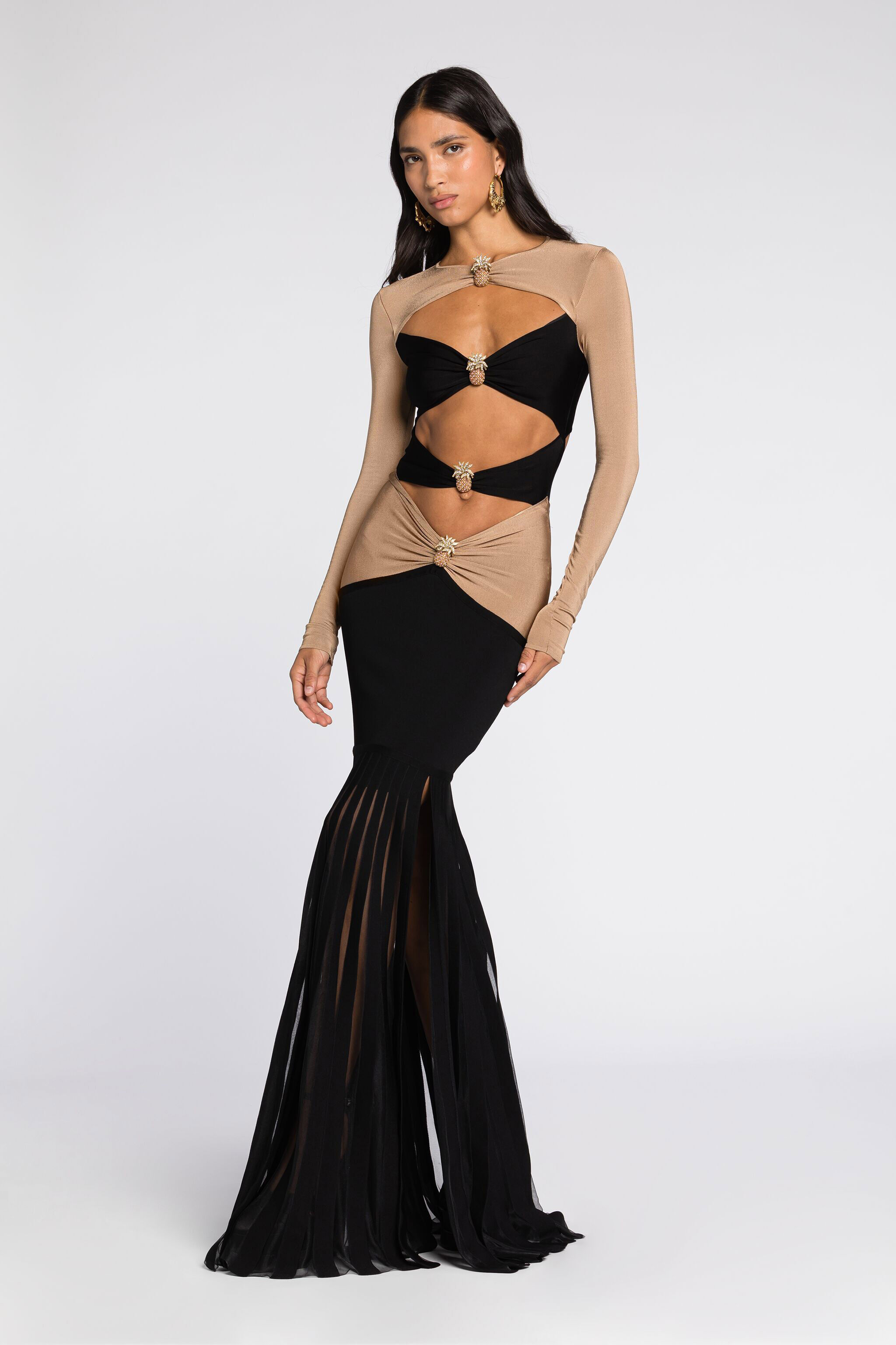 Pineapple Embellished Cut Out Maxi Dress in Light Brown Black for Women Roberto Cavalli