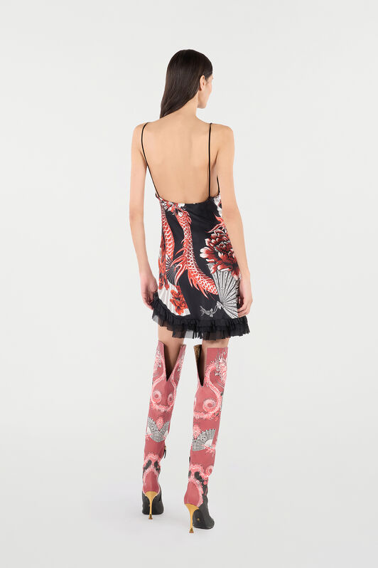 RC Silk Mini Dress with Dragon and Ruffles Black/Red VQT118-OZP75