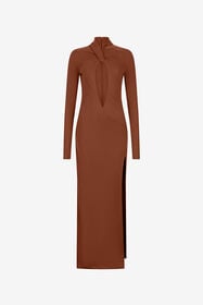 ${brand} Abito Maxi Marrone Con Scollo Intrecciato ${colorDescription} ${masterID}