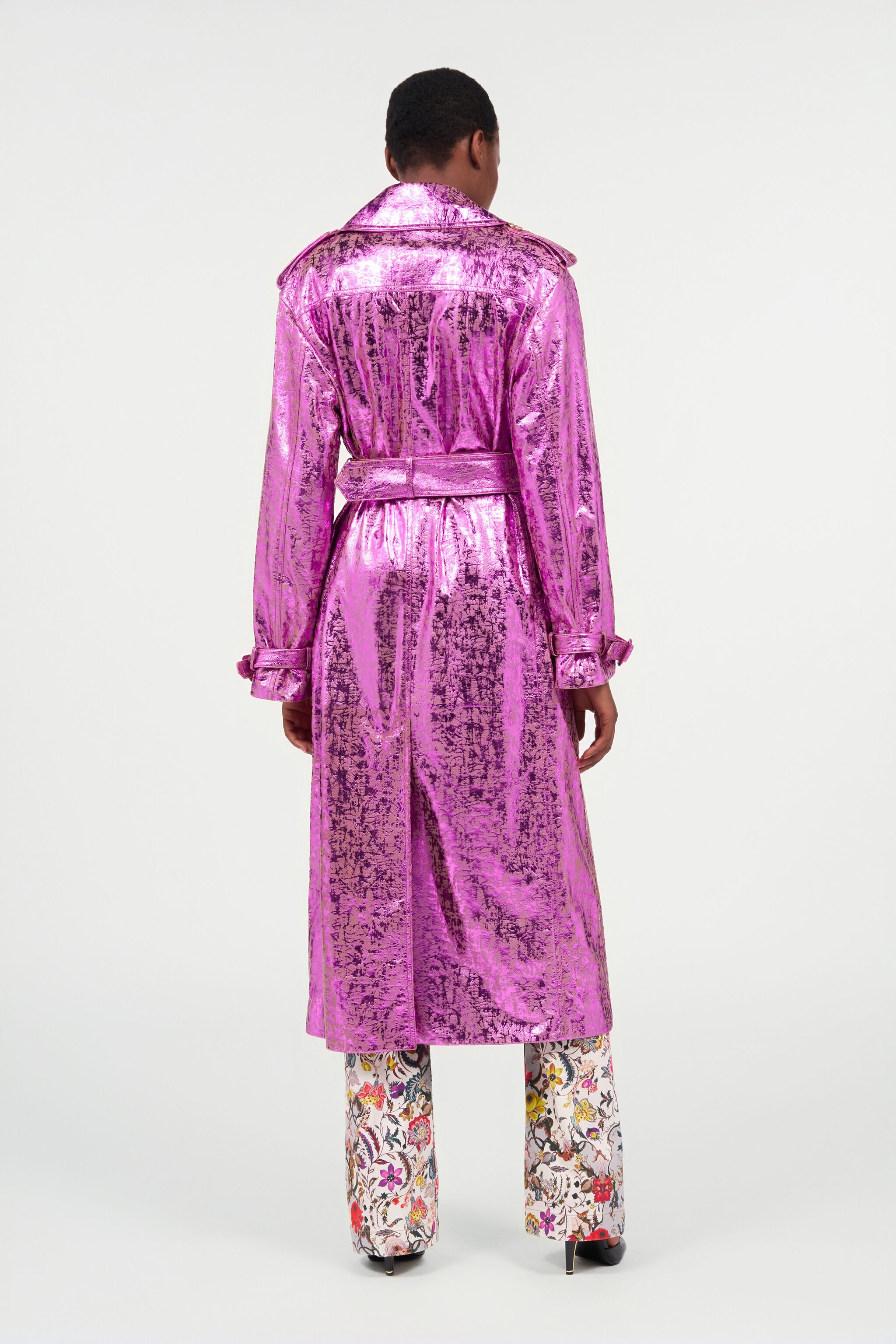 RC Laminated Metallic-Effect Trench Coat SAND/FUCHSIA WQP500-PC006
