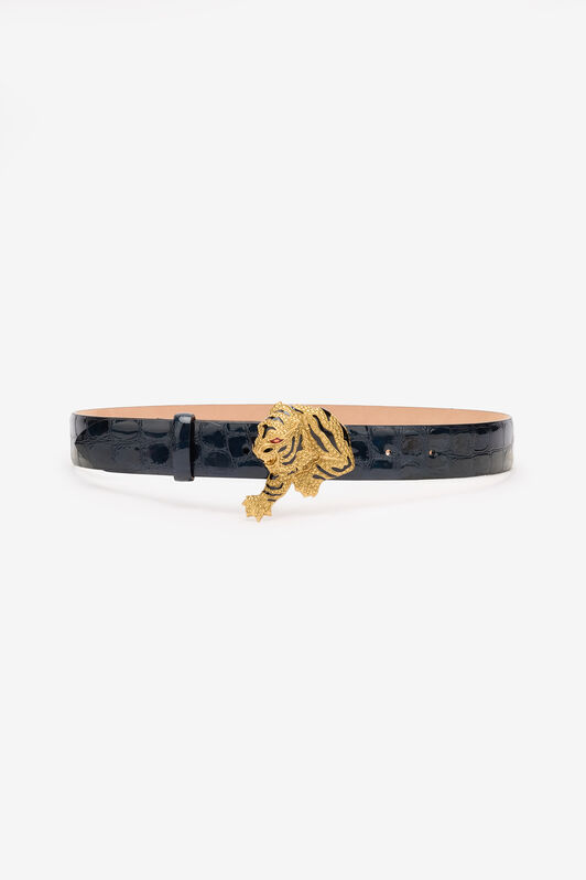 RC Crocodile-Effect Belt With Bejeweled Tiger Dark blue TKC002-PZE01