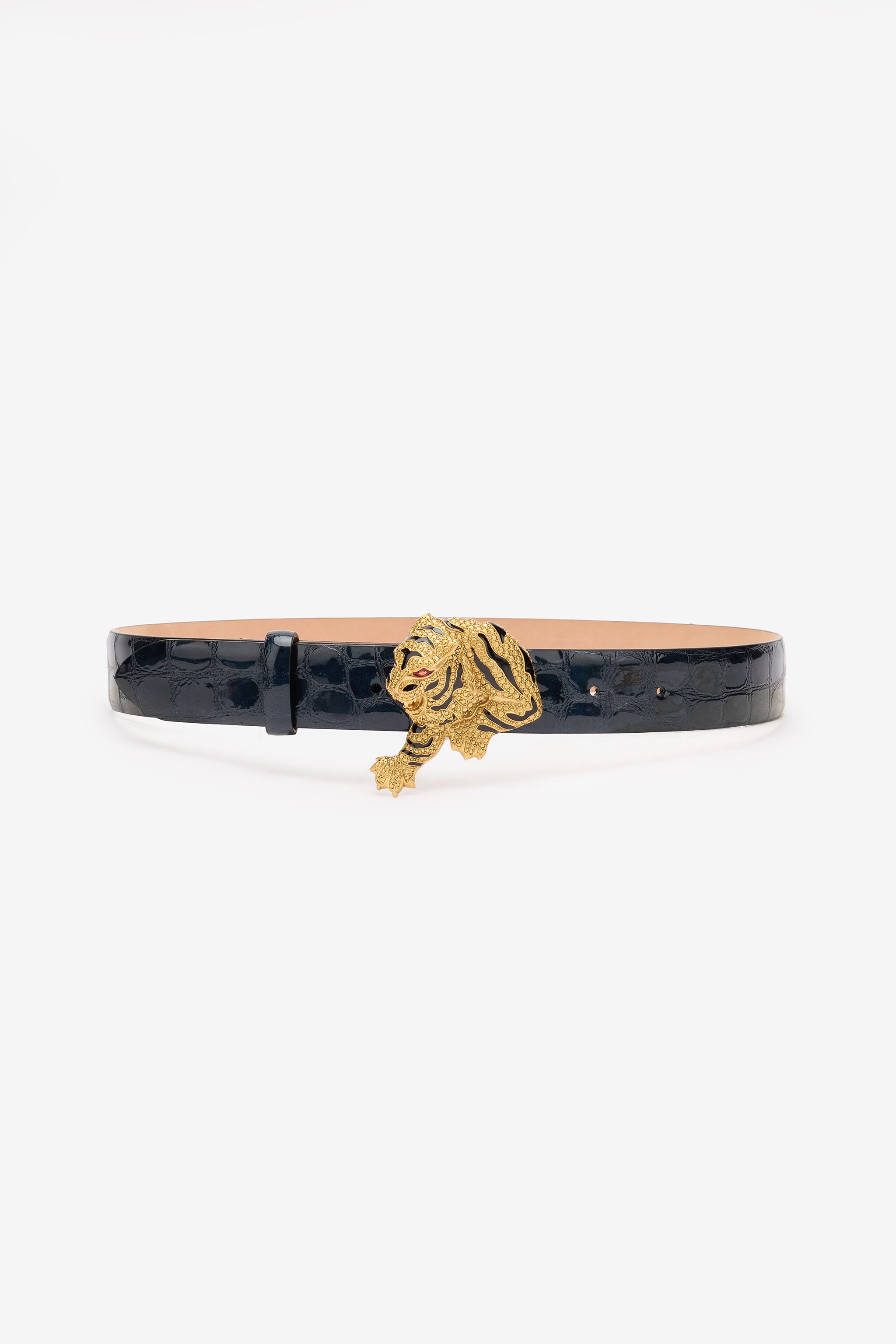 RC Crocodile-Effect Belt With Bejeweled Tiger Dark blue TKC002-PZE01