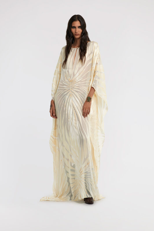 RC Satin caftan with Ray Of Gold print Ivory TKT103-HLI15
