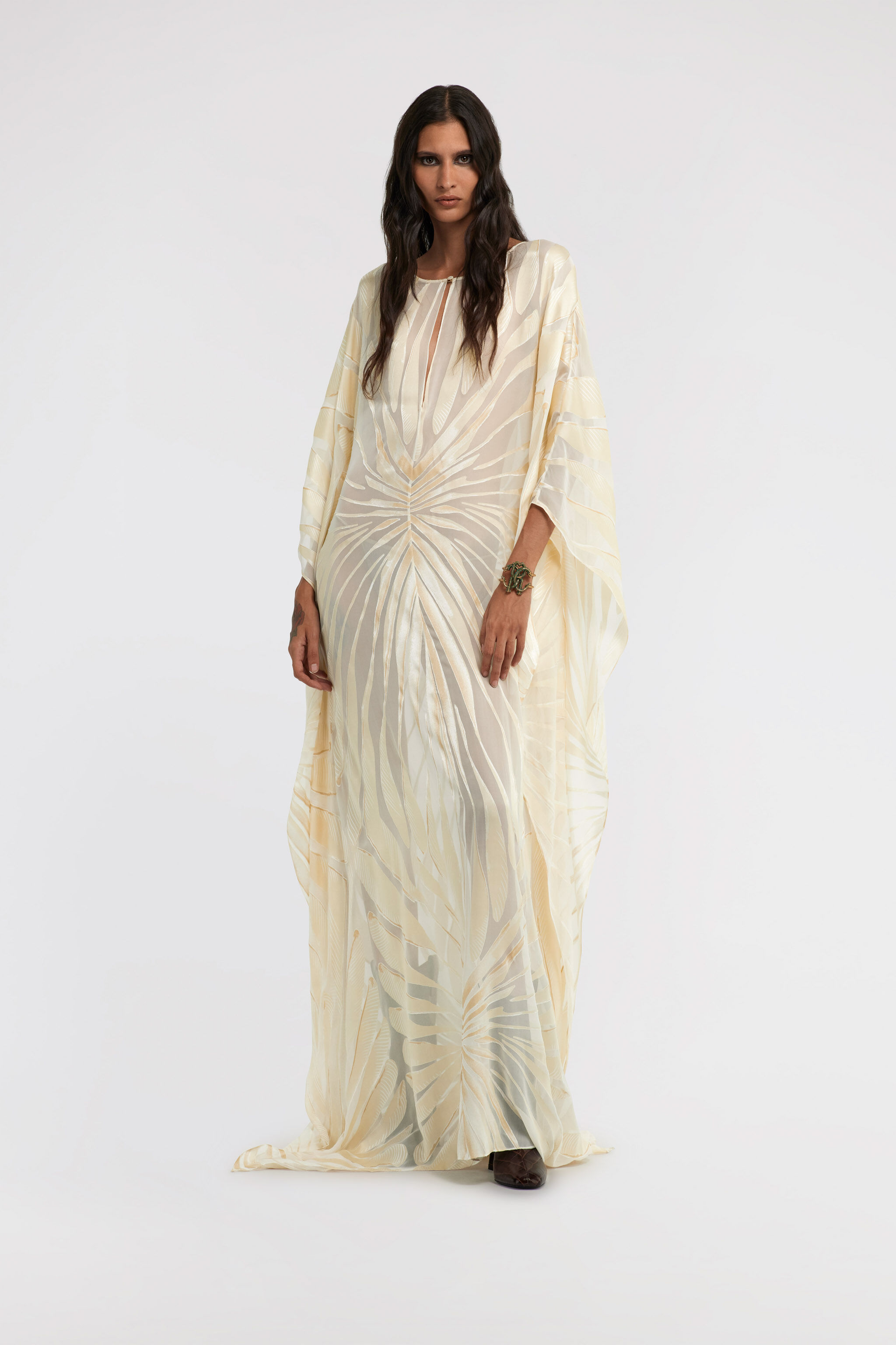 RC Satin caftan with Ray Of Gold print Ivory TKT103-HLI15