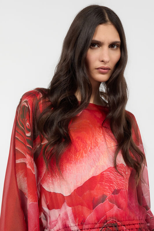 RC Silk Caftan With Garden Rose Print Red UKW012-HNN48