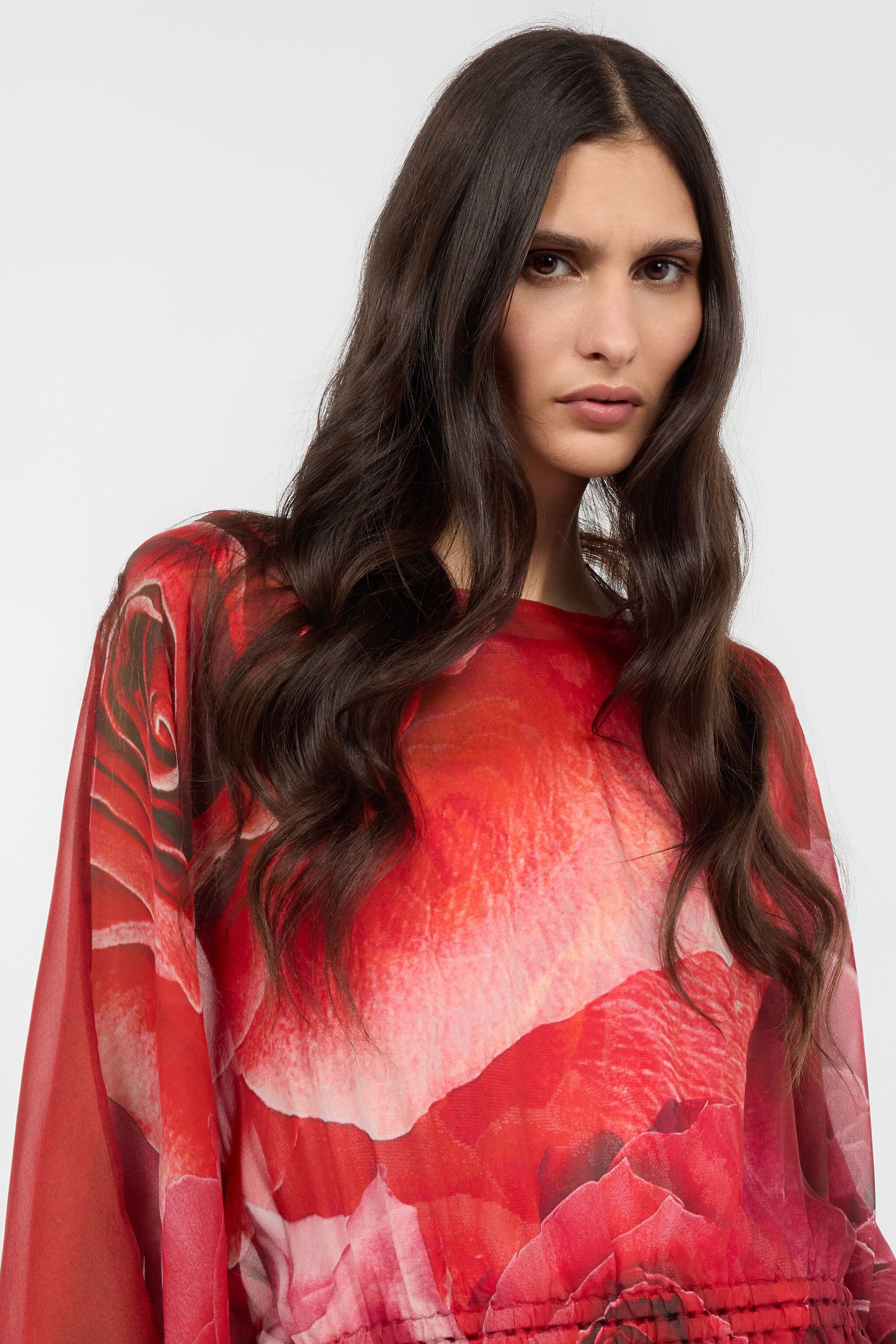 RC Silk Caftan With Garden Rose Print Red UKW012-HNN48