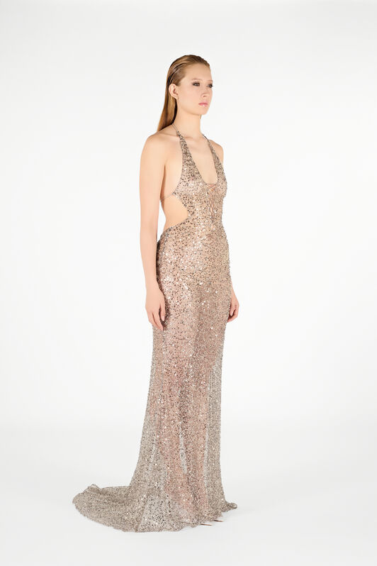 RC Robe Longue à Paillettes et Col Halter Argent UWR146-FY038