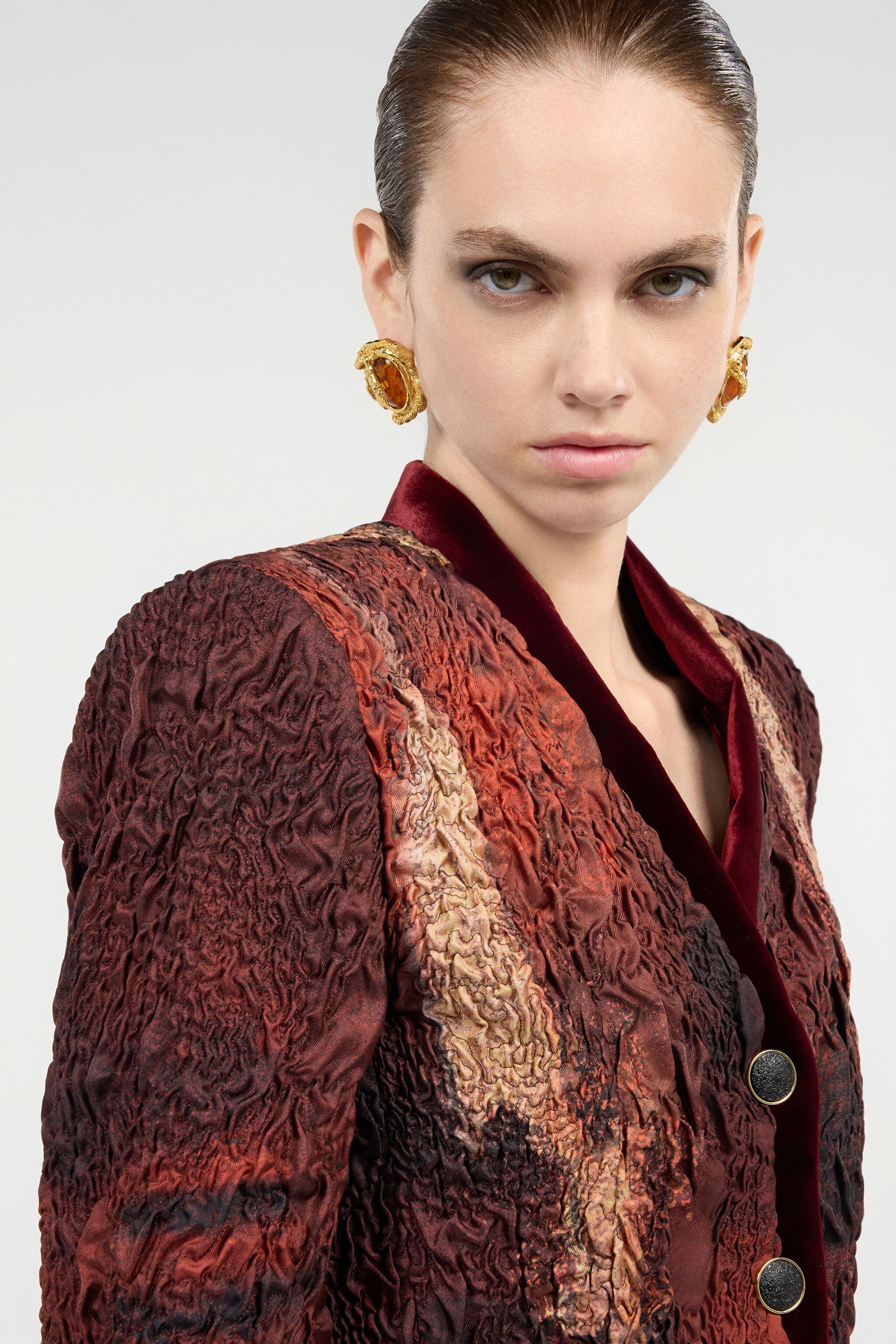RC Red Silk Jacket With Marble Print Red VWR407-OZQ74