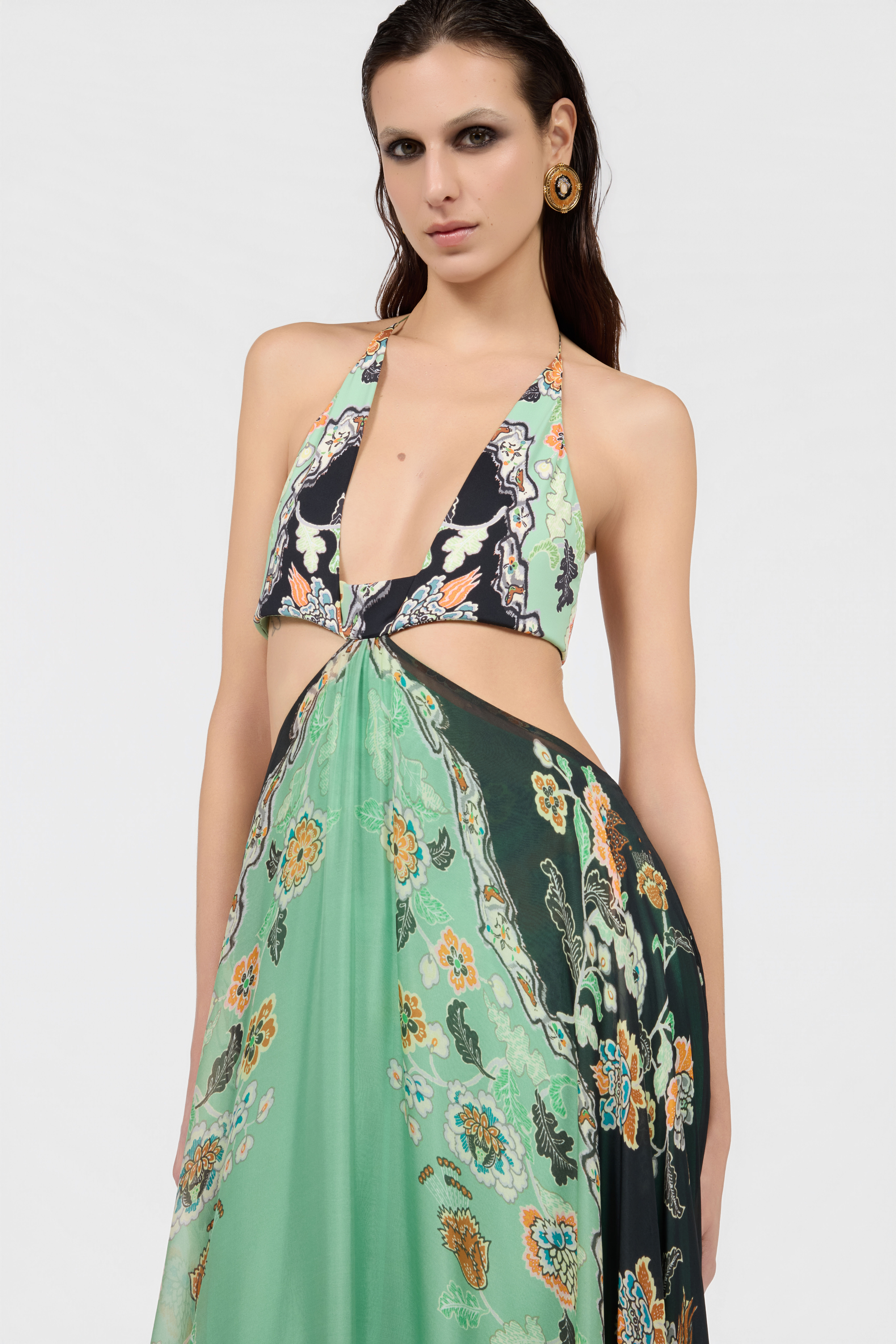 RC Kimono Print Silk Maxi Dress GREEN/BLACK XQT127-CKT25