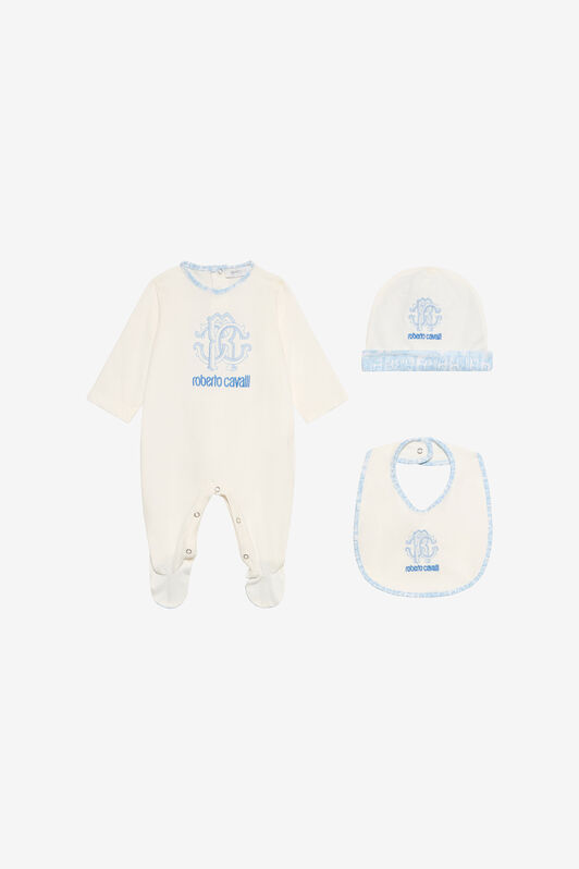 JU Baby Blue Hat, Bib, and Romper Set with Logo BABY BLUE VJT812-JD001