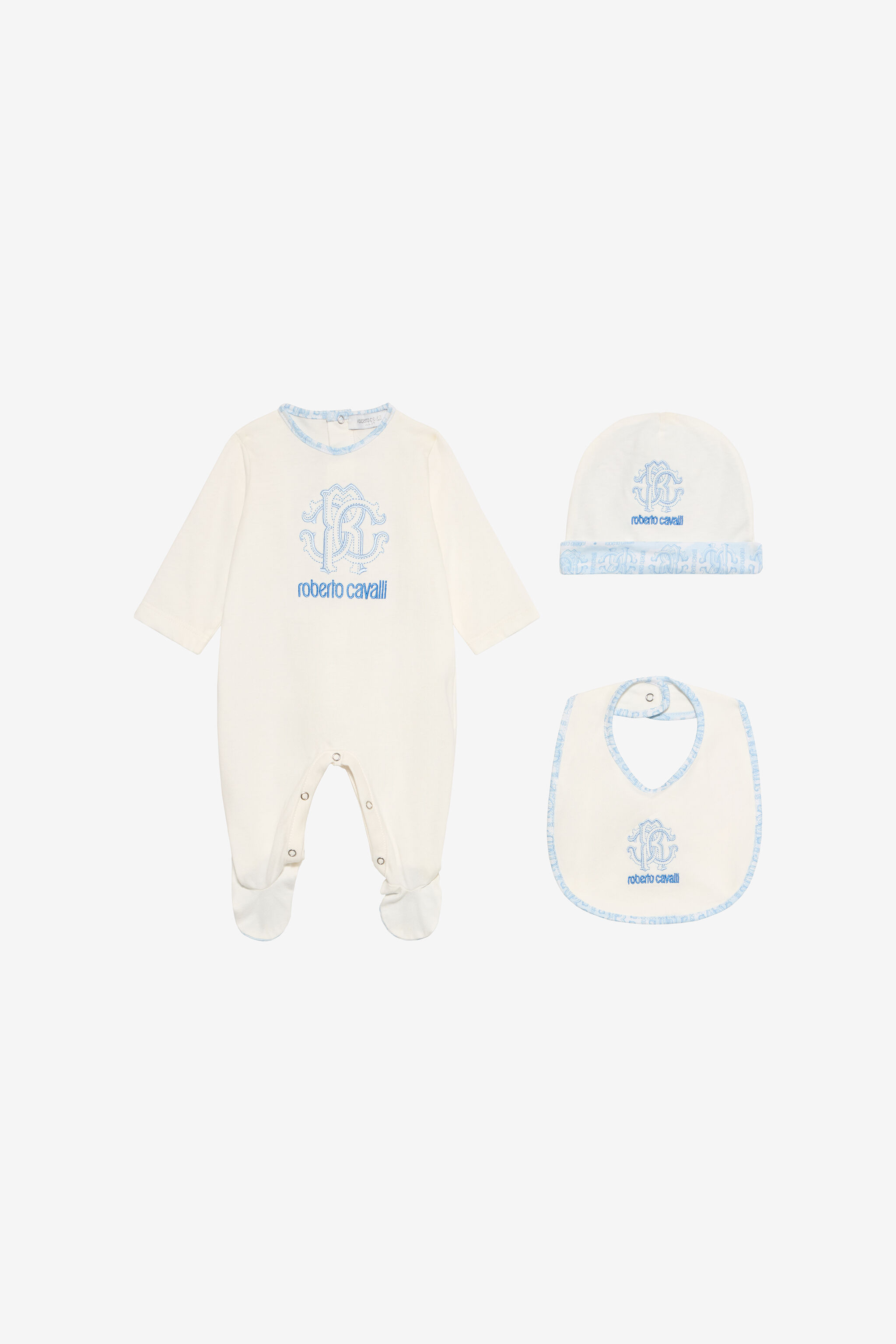 JU Baby Blue Hat, Bib, and Romper Set with Logo BABY BLUE VJT812-JD001