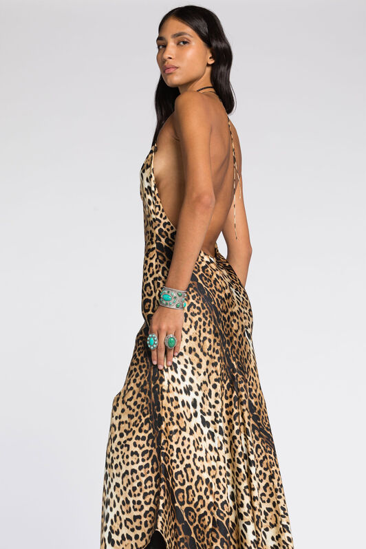 RC Jaguar-Print Halterneck Silk Dress Light Brown RKT133-4QH26