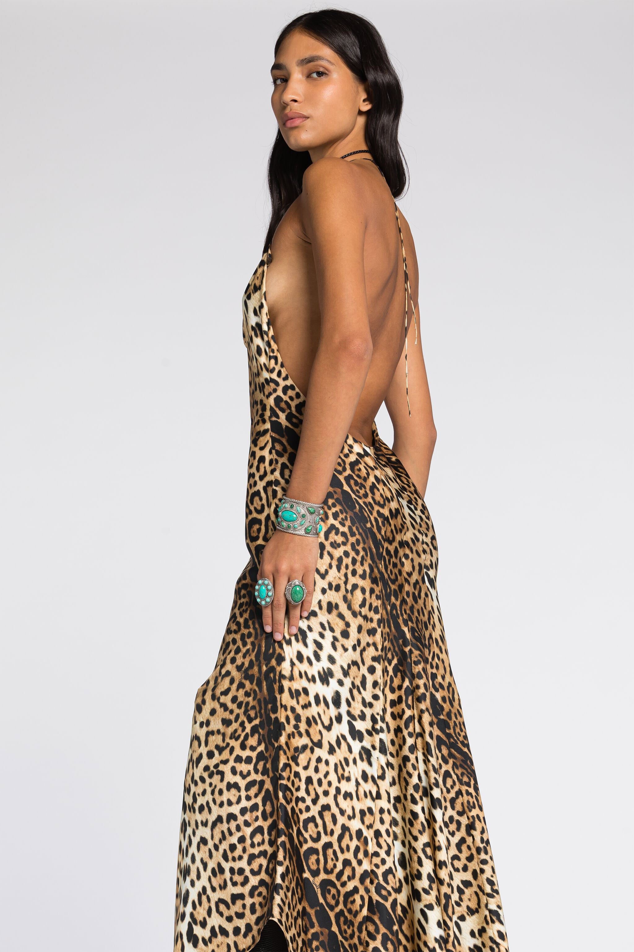 RC Jaguar-Print Halterneck Silk Dress Light Brown RKT133-4QH26