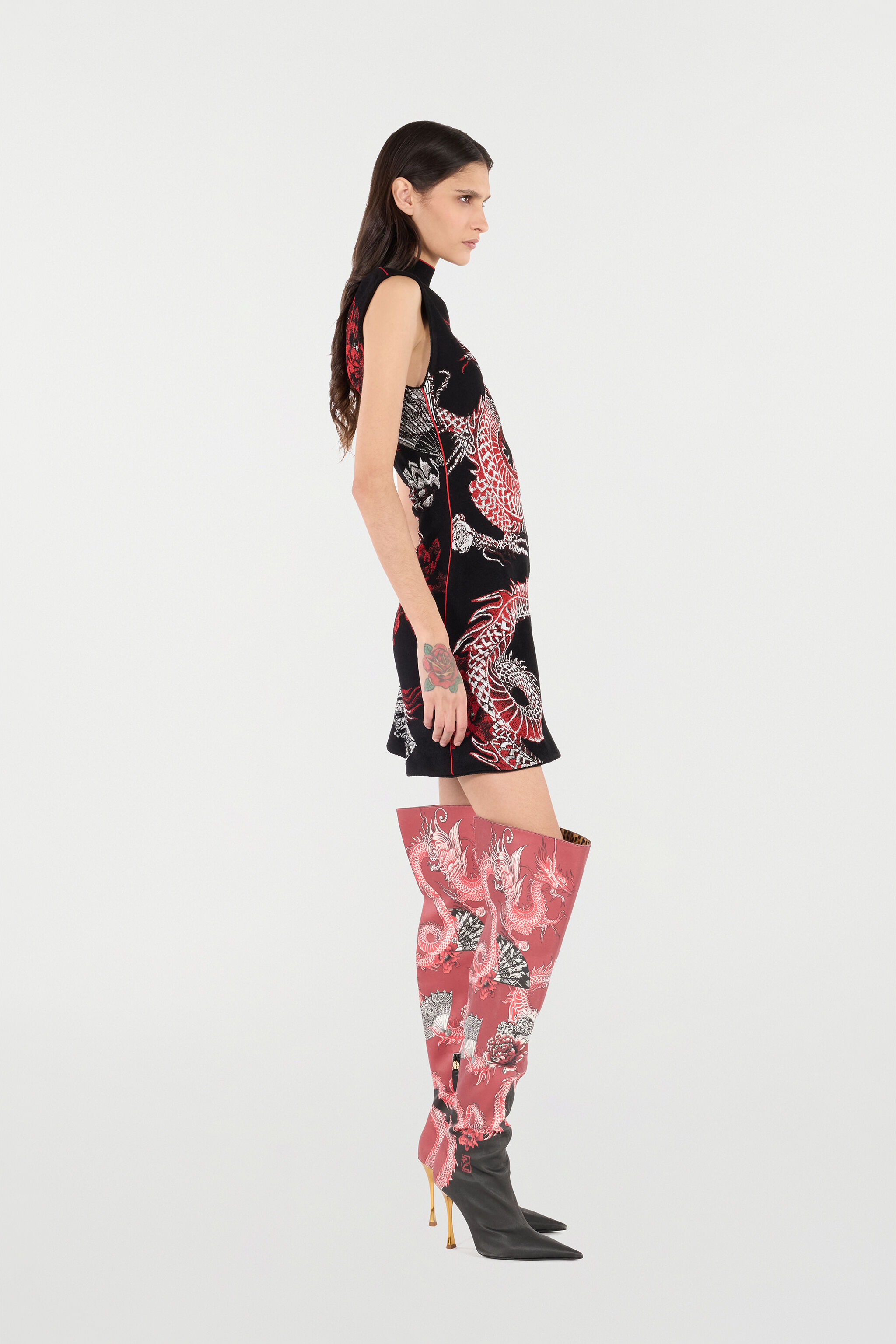 RC Mini Dress with Floral and Dragon Motif Black/Red VQM106-MG011