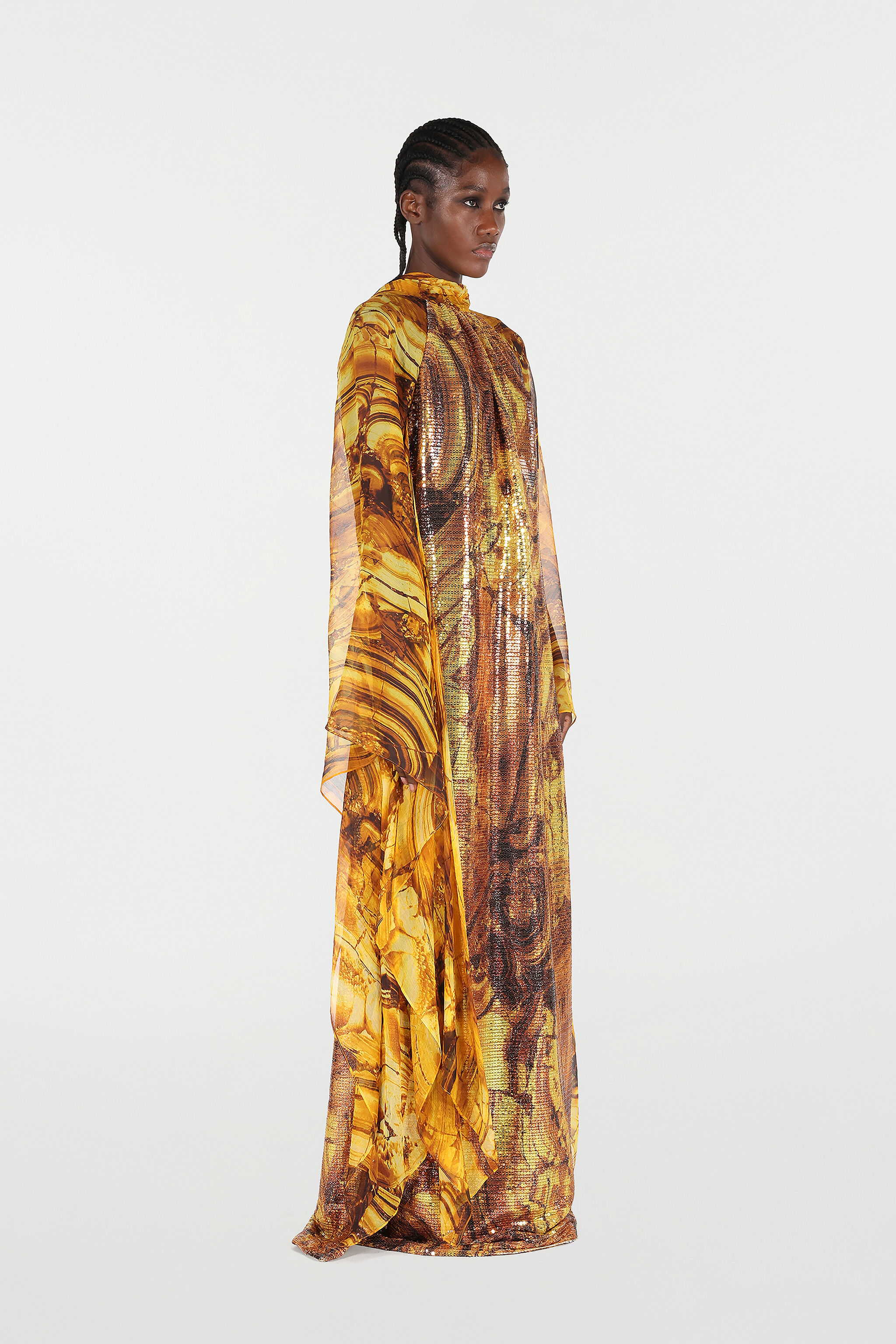 RC Silk Caftan Dress with Amber Print and Sequins Yellow VKT145-VXP74