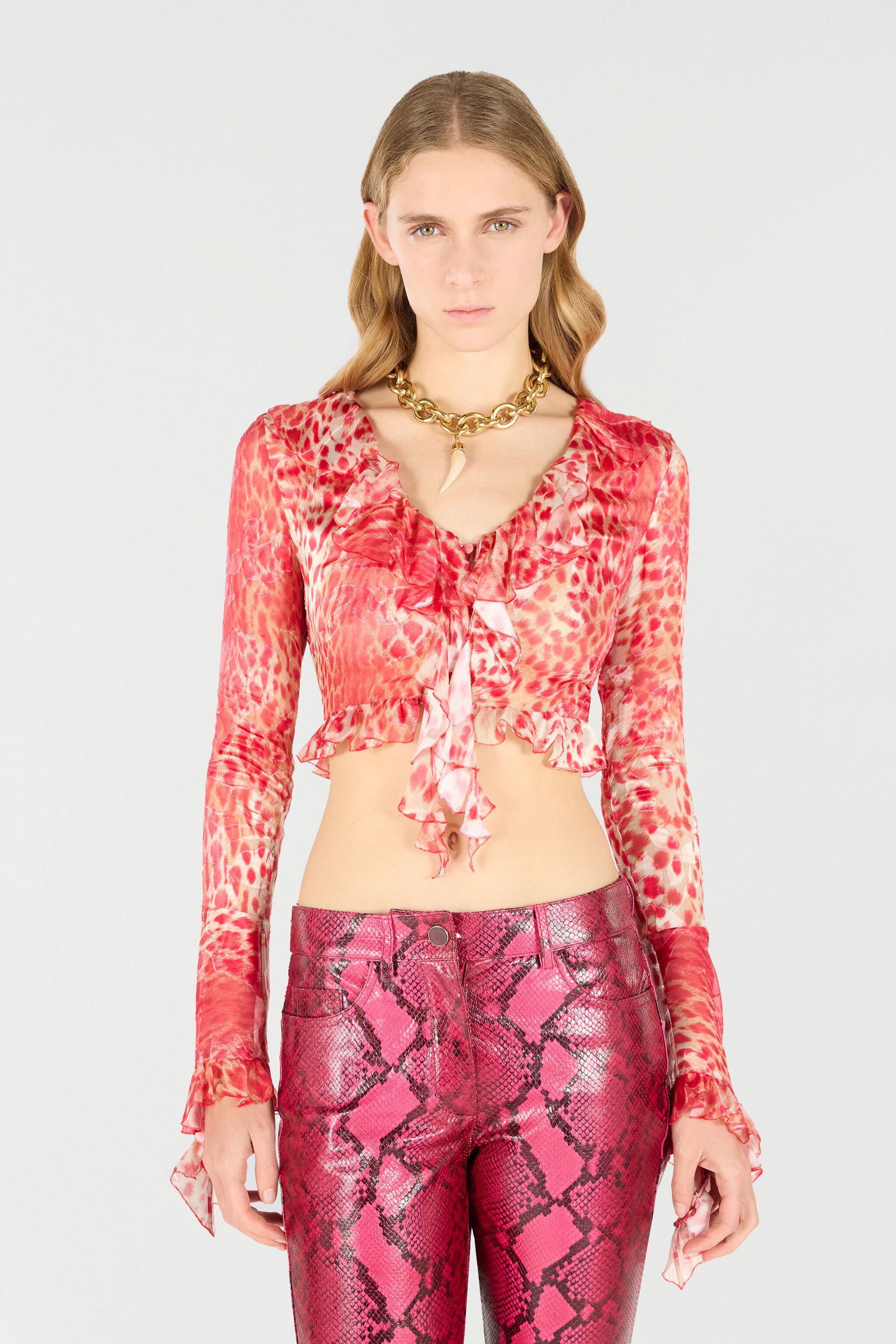 RC Crop Top mit Volant und Print Jaguar Skin Rot UKT707-HEN58