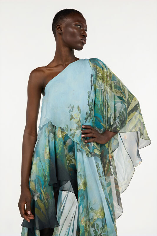 RC Extra-Long Silk Dress with Nature Print Green/Blue VWT136-XTQ70