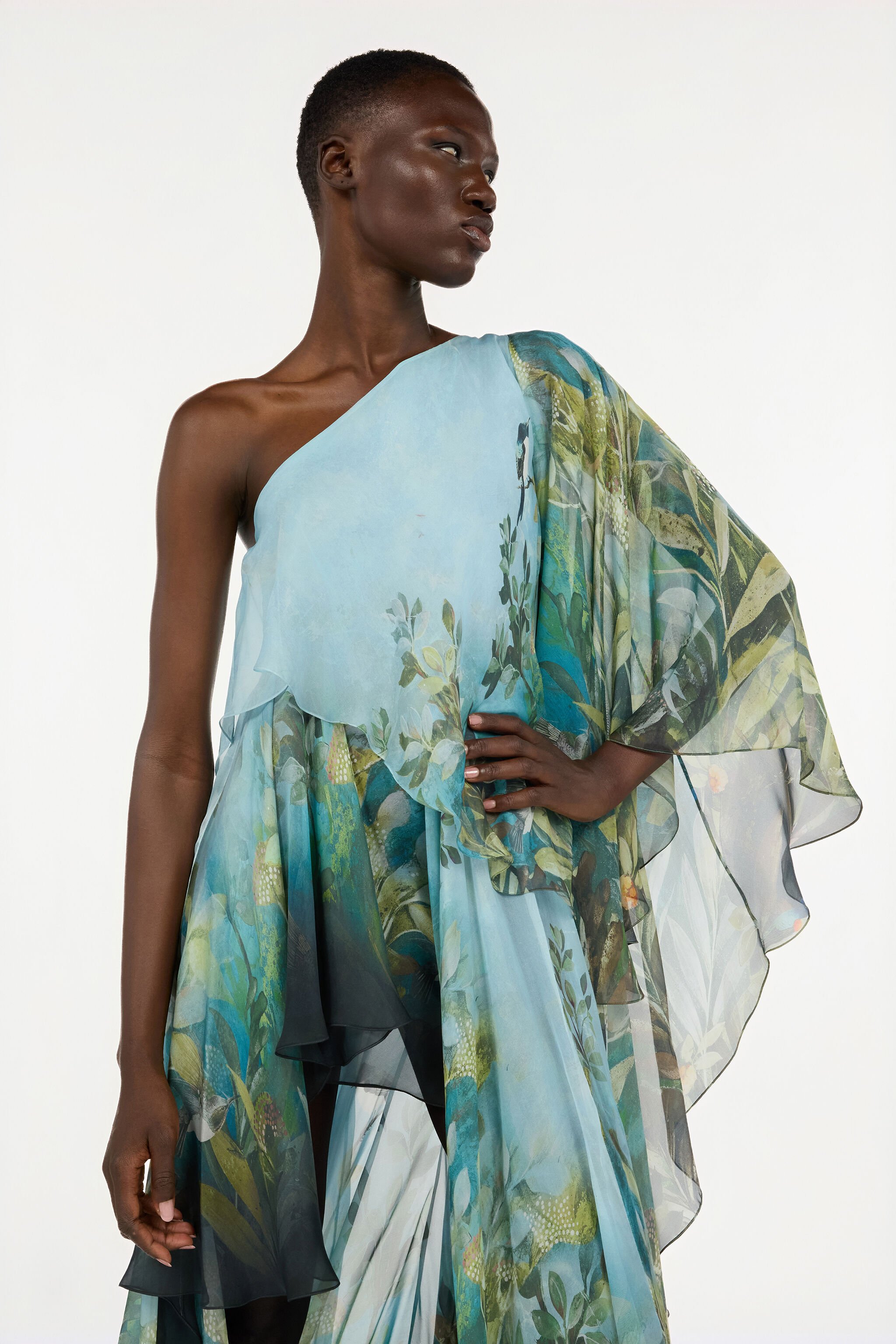 RC Extra-Long Silk Dress with Nature Print Green/Blue VWT136-XTQ70