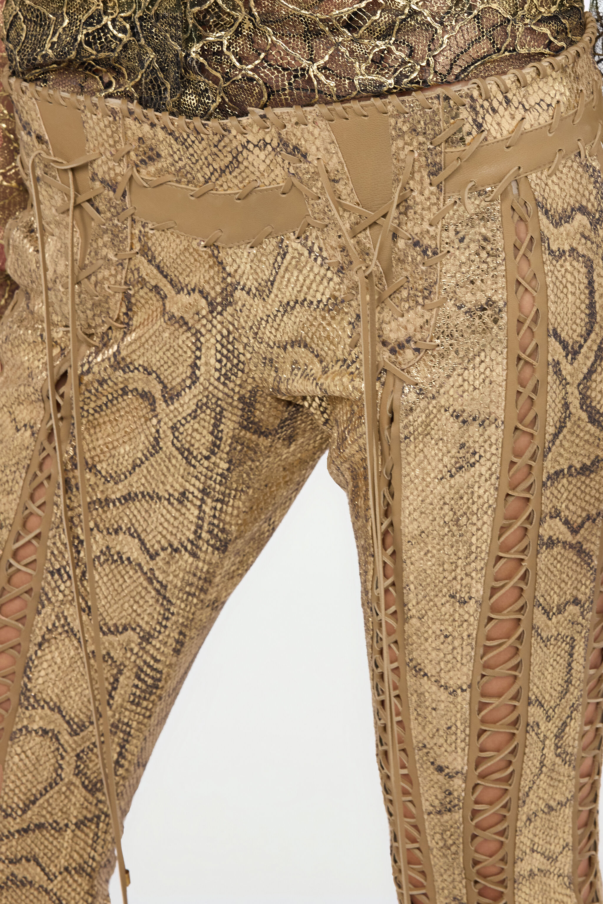 Gold Leather Pants with Python Print and Cut-Out Details in GOLD