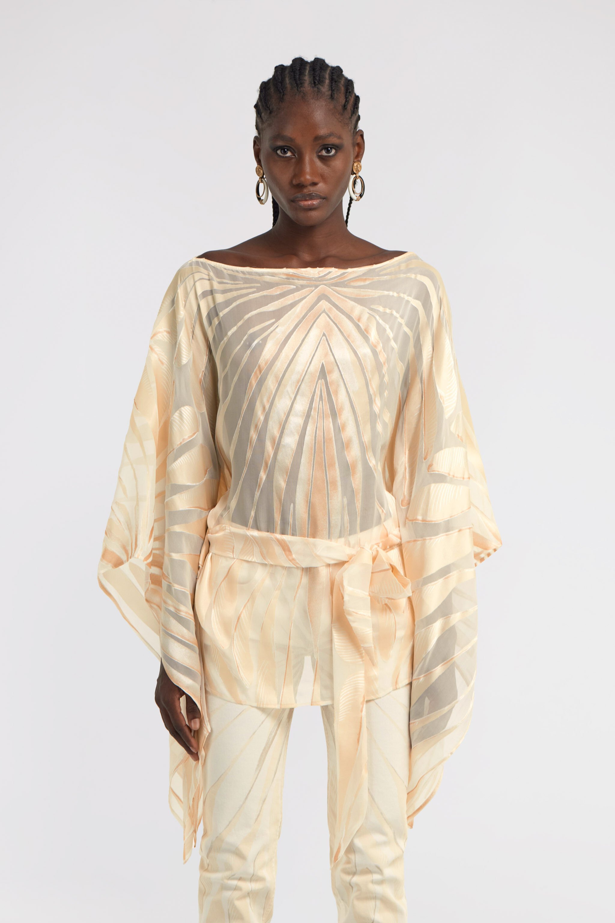RC Ray Of Gold Print Satin Caftan Ivory TKT725-HLI15