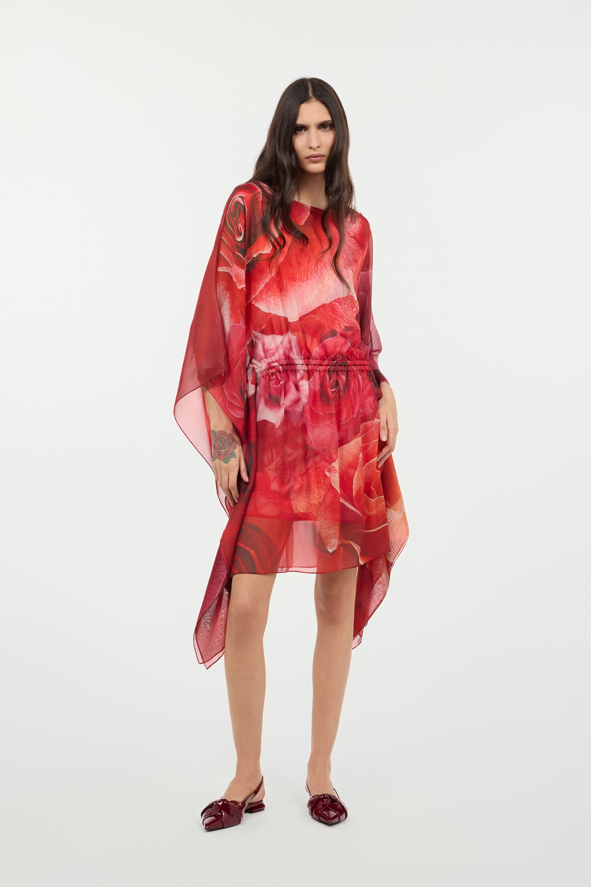 RC Silk Caftan With Garden Rose Print Red UKW012-HNN48