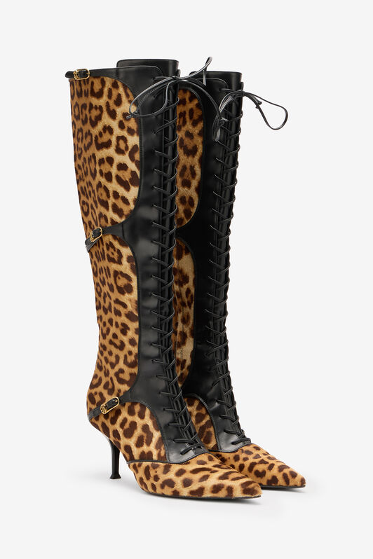 RC Pointed Lace-Up Boots in Leopard Skin RC Pointed Lace-Up Boots in Leopard Skin Brown VKS017-PZA92