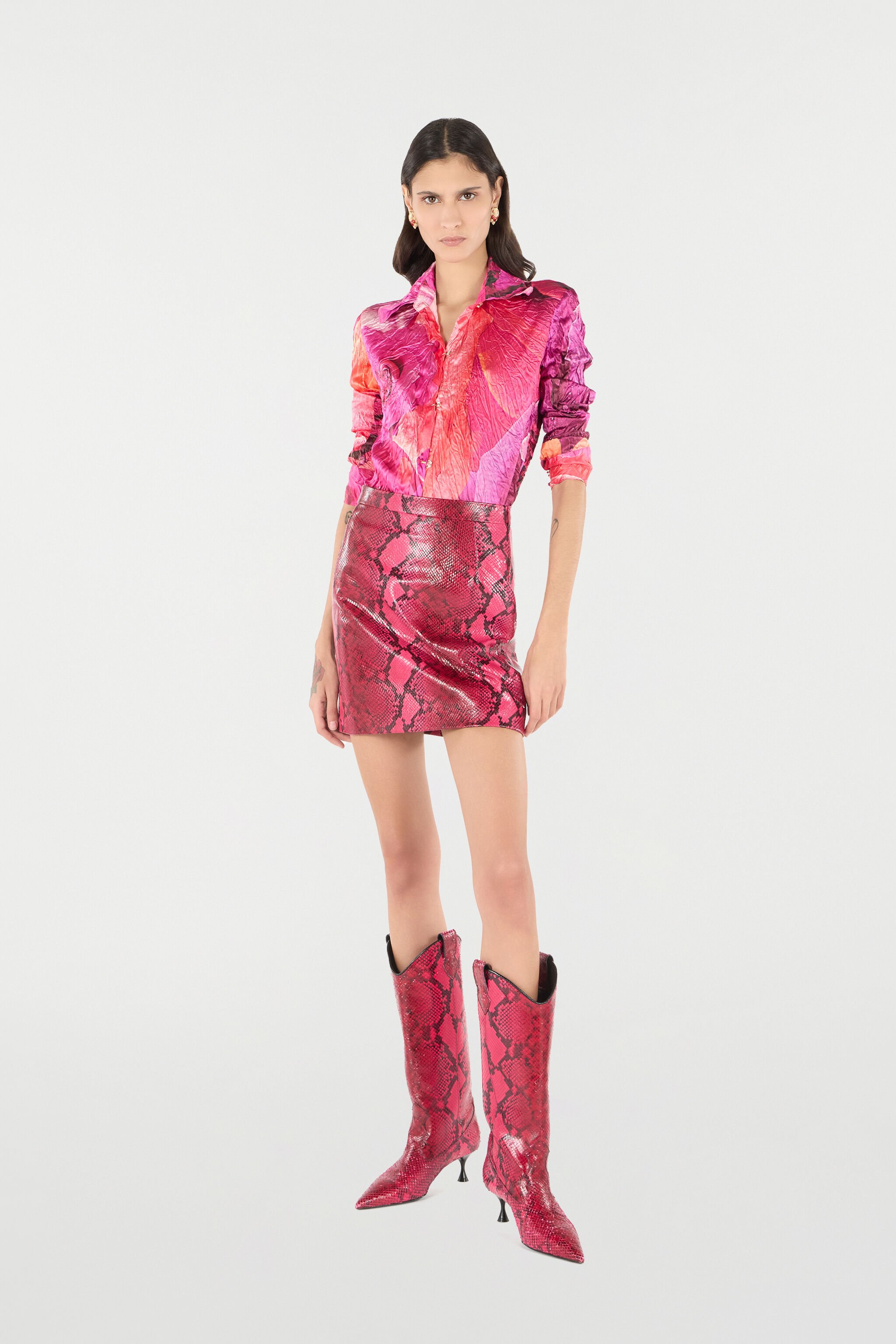 RC Shirt With Bejeweled Buttons And Rose Print Fuchsia UKT701-RYN48